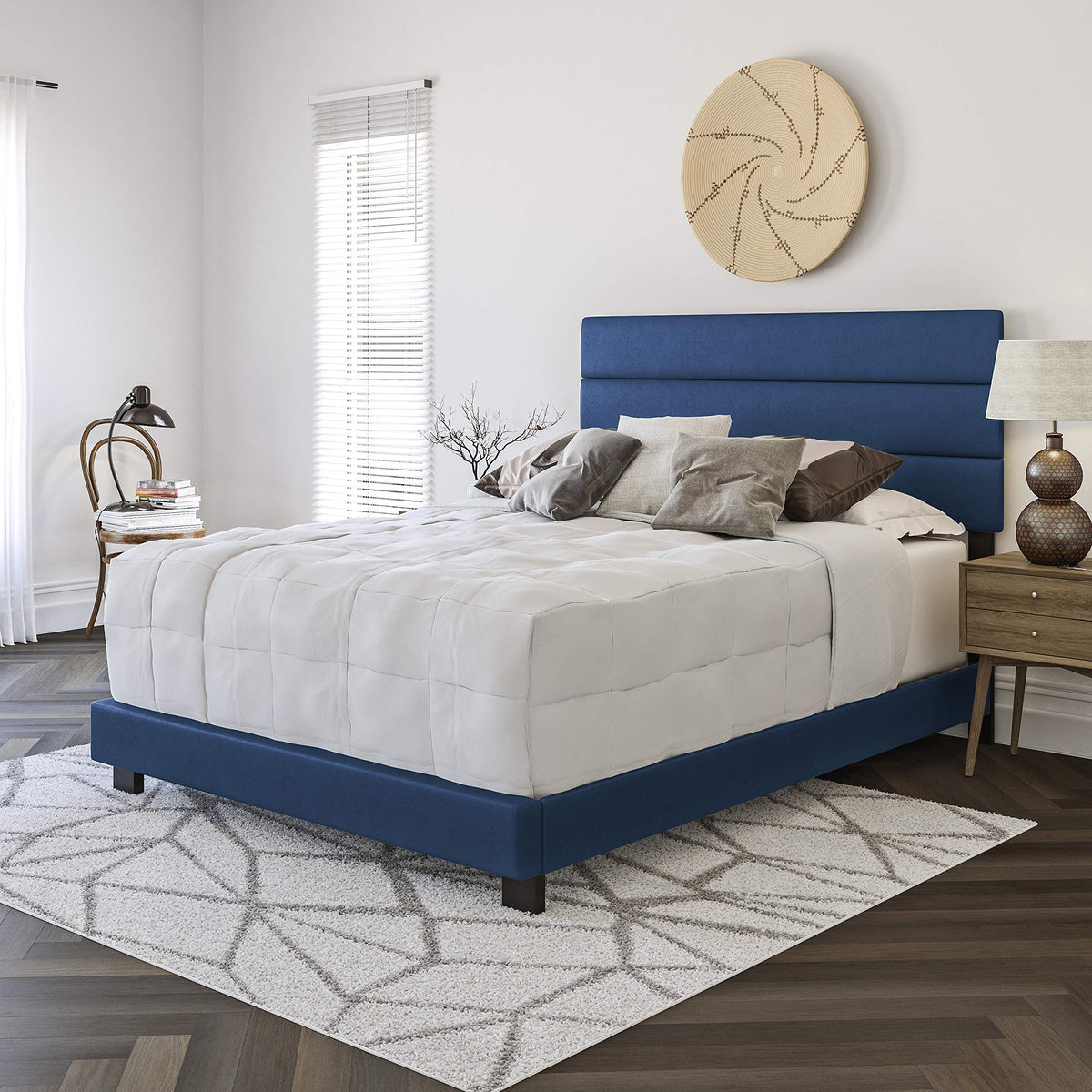 Boyd Sleep Montana Upholstered Platform Bed Frame Mattress Foundation With Tri-Panel Headboard And Strong Wood Slat Supports: Faux Leather, Blue, King