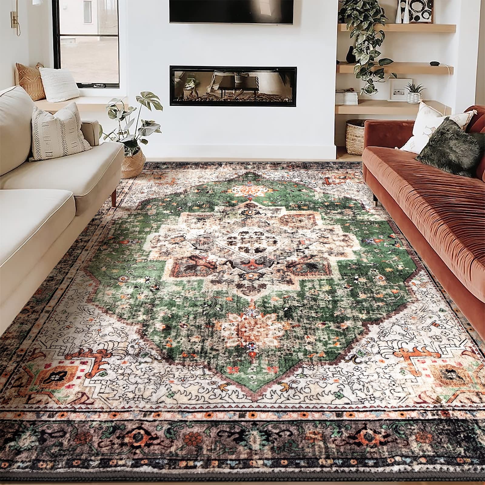 YesRug 8x10 Area Rugs for Living Room Green Boho Rug Washable Rug Vintage Rug Low Pile Non-Slip Large Rug for Bedroom Dining Roo