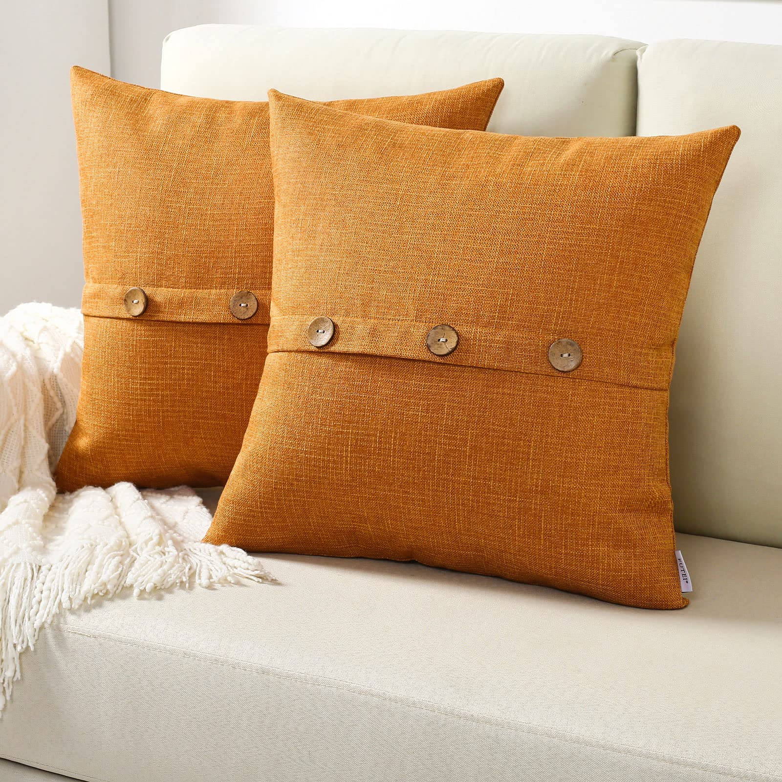 Futei Burnt Orange Linen Decorative Throw Pillow Covers 20X20 Inch Set Of 2, Square Cushion Case With Vintage Button/Zipper,Mode