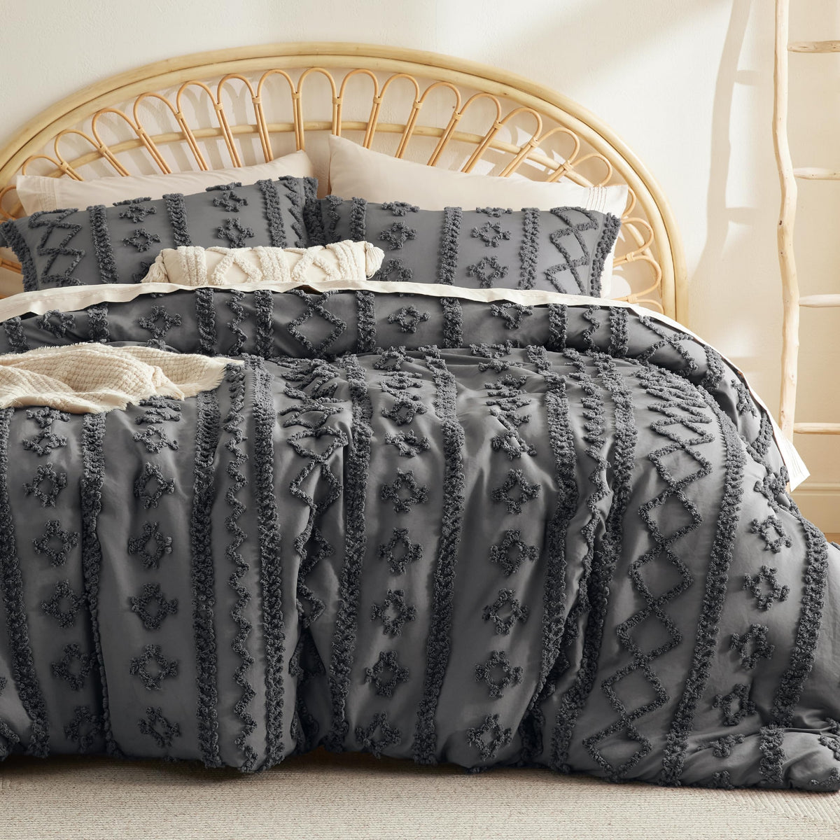 Bedsure Tufted Boho Comforter Set Queen Size - Dark Grey Boho Bedding Comforter Set, 3 Pieces Farmhouse Shabby Chic Embroidery B