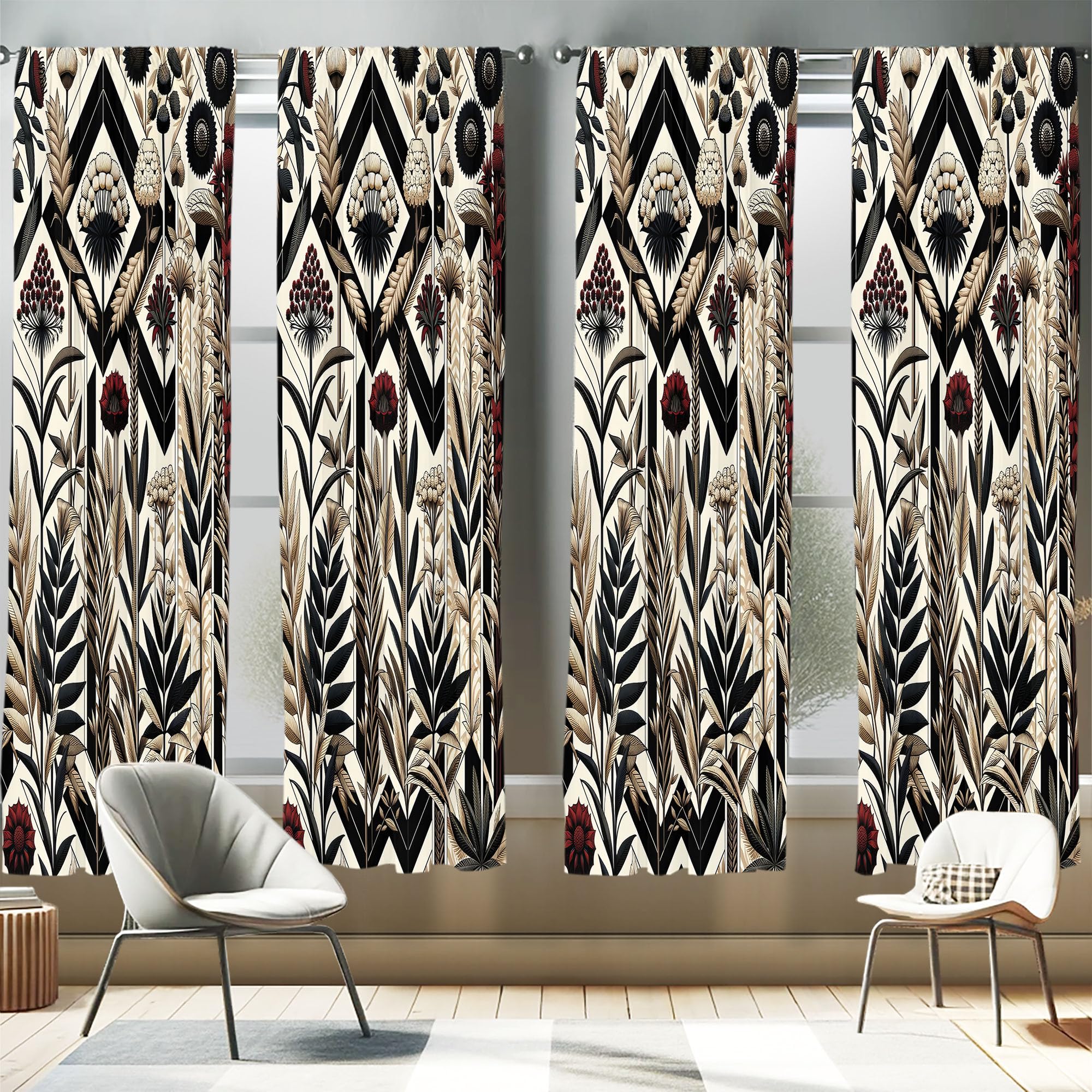 Ambesonne Leafy Art Window Curtains Pack of 2, Modern Boho Composition of Abstract Rhombus Detailed Leaves Flowery, Lightweight 