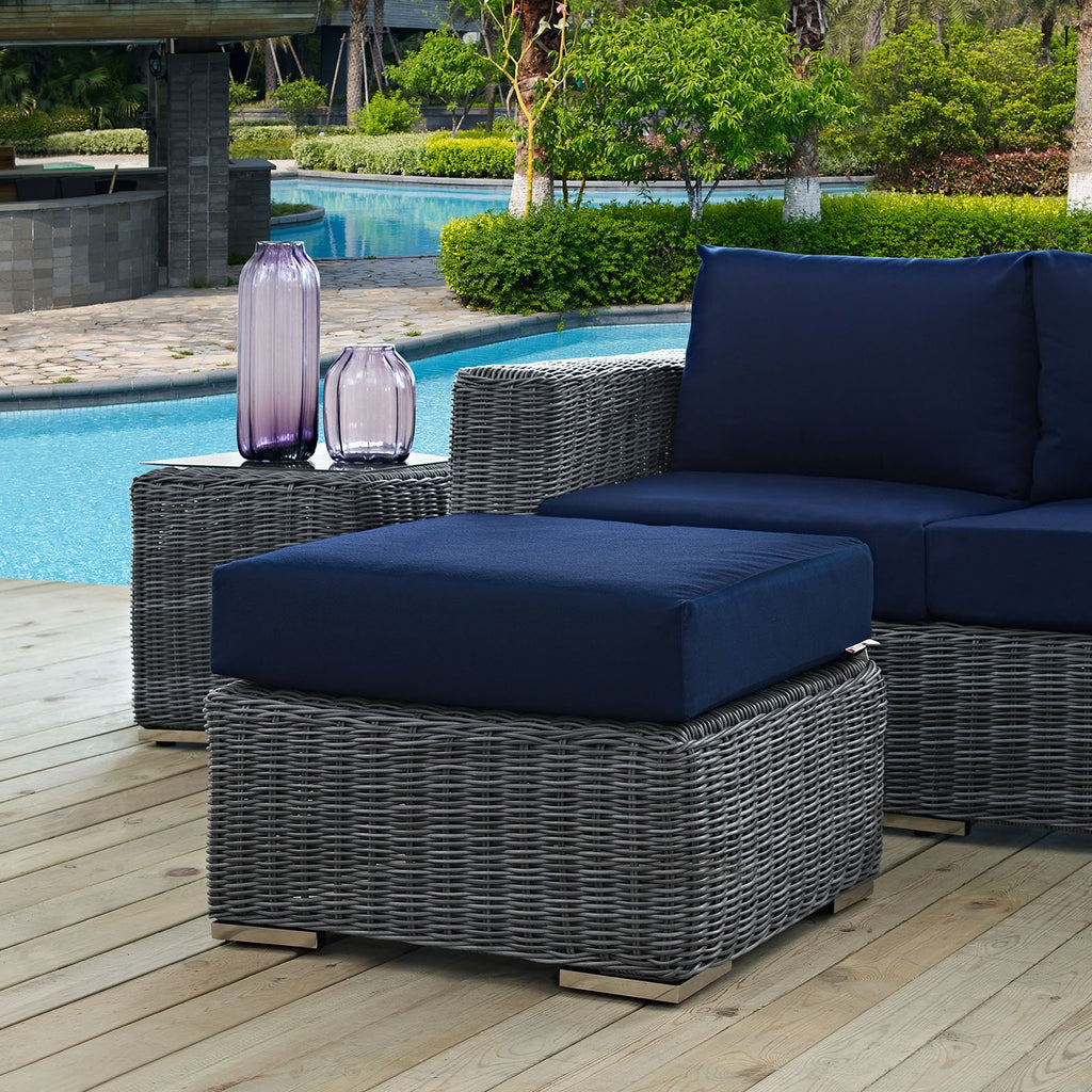 Modway Summon Wicker Rattan Outdoor Patio Sunbrella Square Ottoman in Canvas Navy