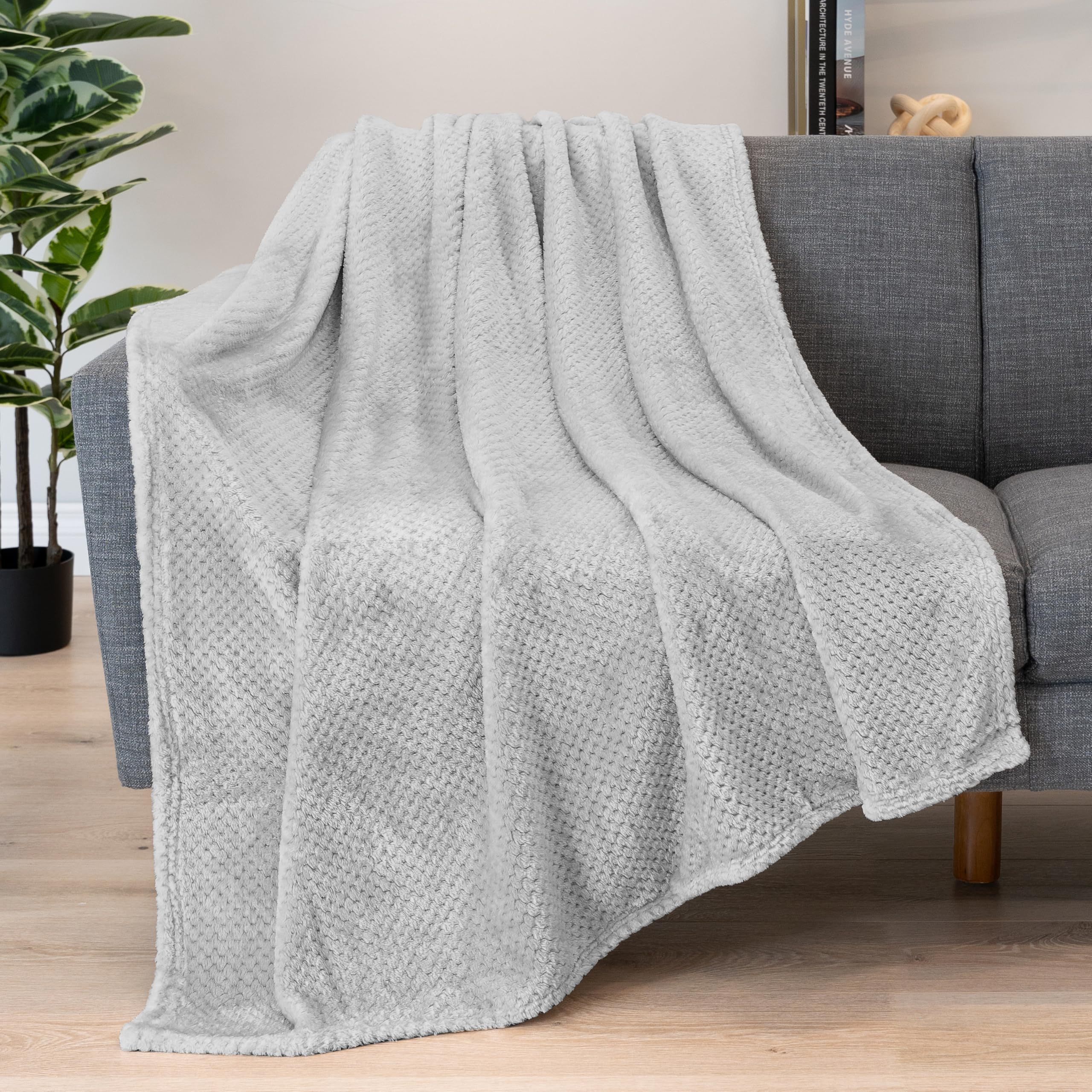 Pavilia Light Gray Throw Blanket For Couch Bed, Soft Fleece Throws For Sofa Chair, Fuzzy Waffle Textured Blanket, Cozy Warm Ligh