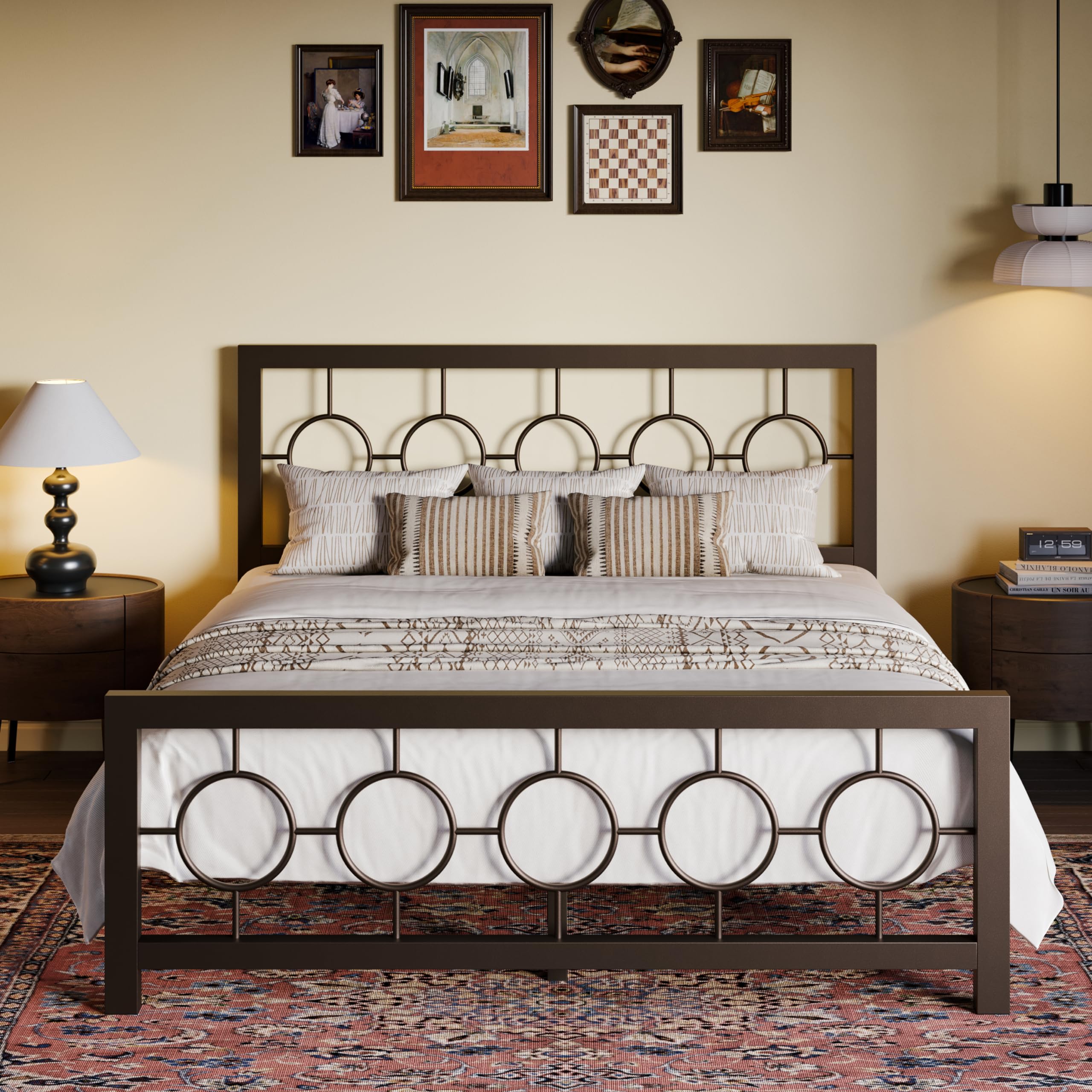 SHA CERLIN Queen Size Metal Bed Frame with Vintage Circular Design Headboard and Footboard,No Box Spring Required,Easy Assembly,
