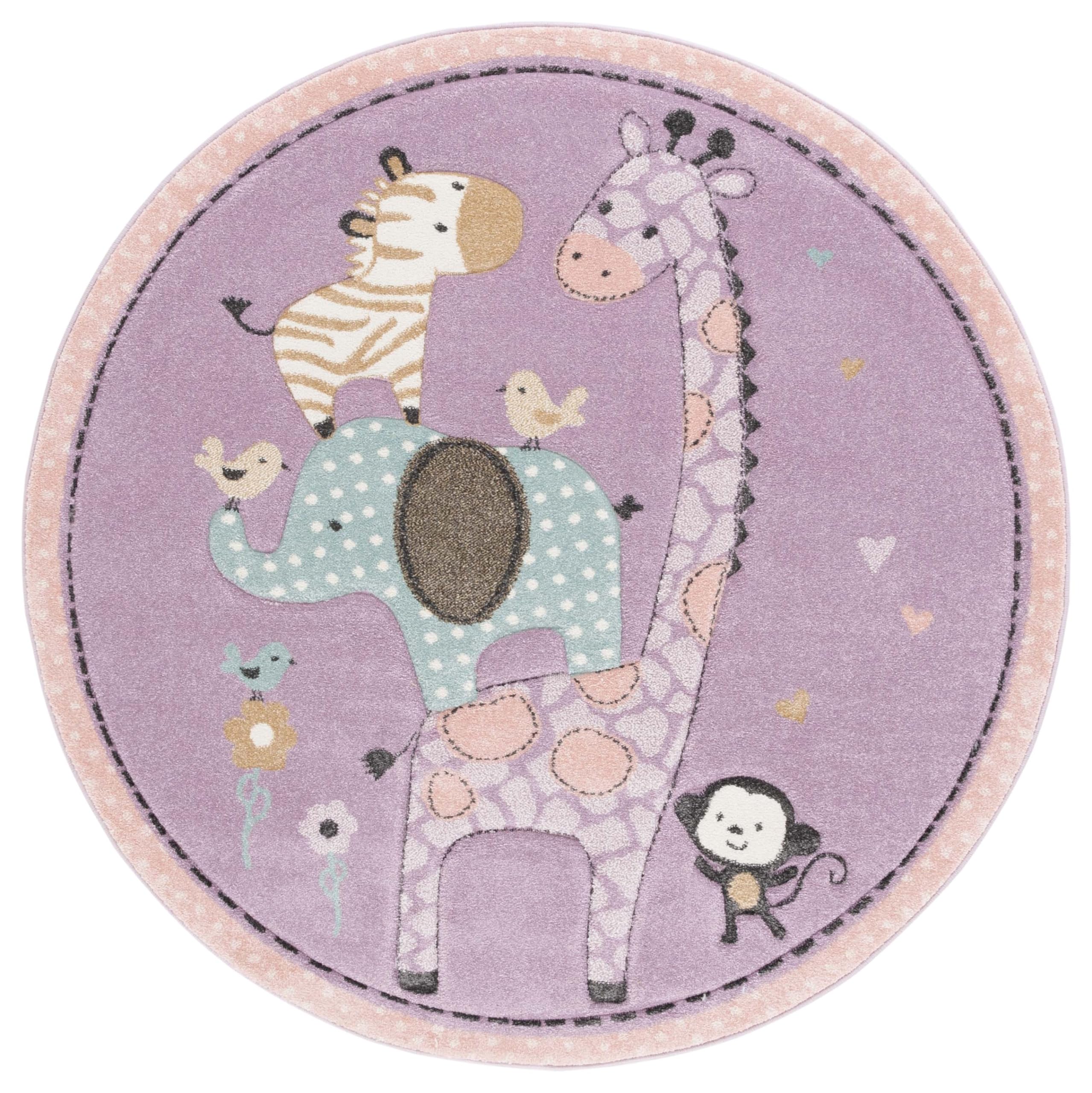 SAFAVIEH Carousel Kids Collection Area Rug - 4 Round, Purple, Animal Design, Easy Care & Non-Shedding, Ideal for High Traffic A