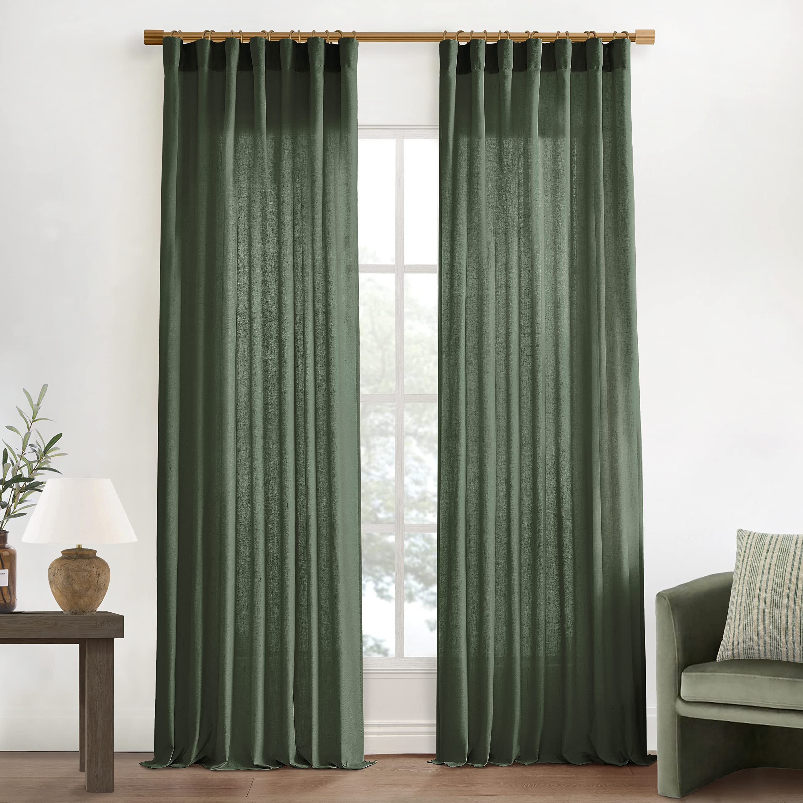 Xtmyi 102 Inch Length Olive Green Sheer Linen Curtains 2 Panels Set,Hook Belt Pleated Back Tab Cotton Polyester Blend Light Filt
