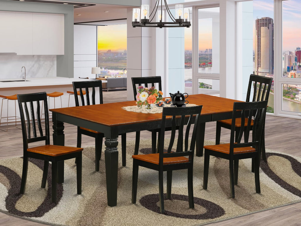 East West Furniture LGAN7-BCH-W 7 Piece Dining Set Consist of a Rectangle Dining Table with Butterfly Leaf and 6 Kitchen Chairs, 42x84 Inch, Black & Cherry