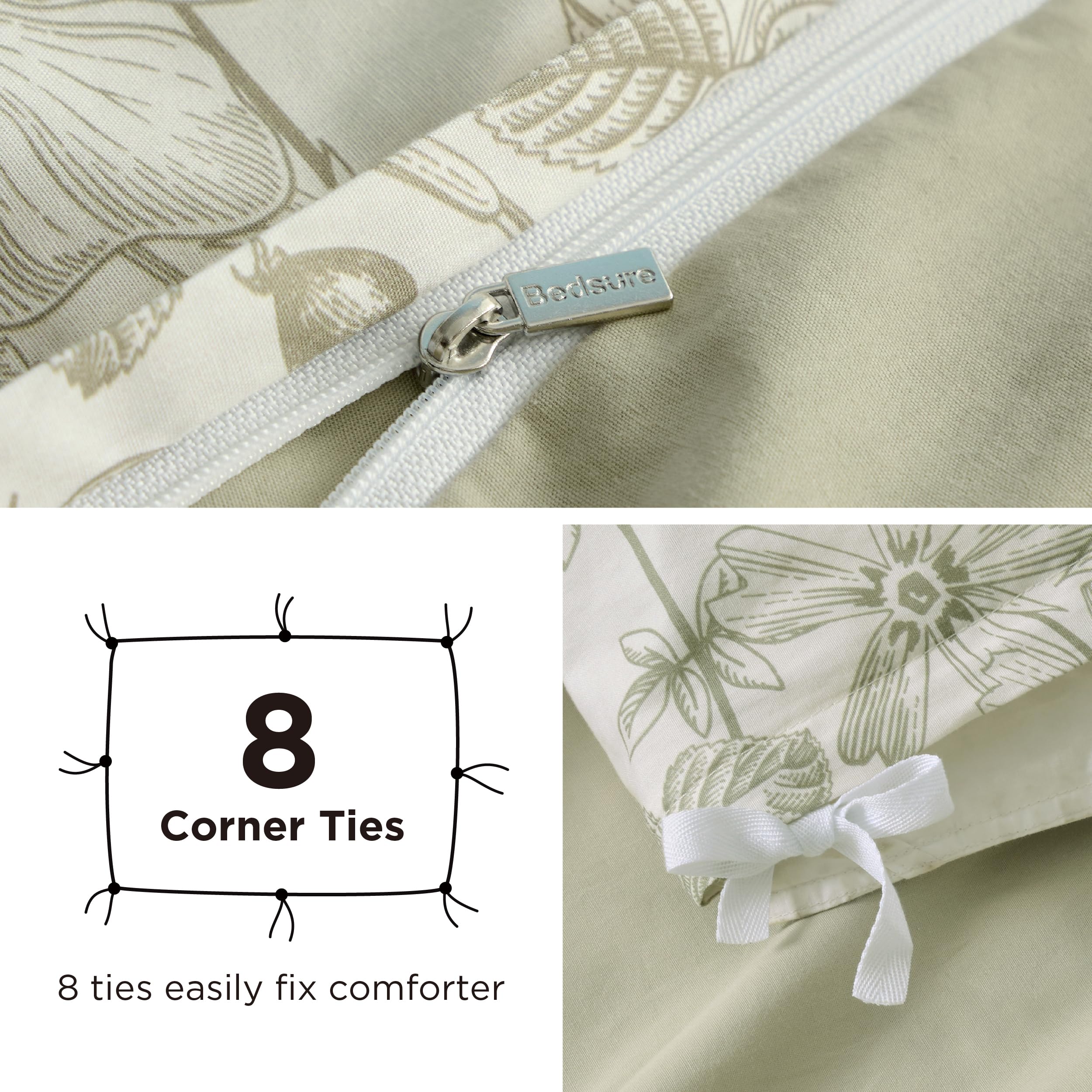 Bedsure Duvet Cover Queen Size - 100% Cotton Botanical Green Duvet Cover Set With Zipper, Reversible Floral Bedding Comforter Co