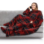 Pavilia Fleece Blanket With Sleeves, Foot Pockets For Women Men Adults, Plush Wearable Blanket Throw Wrap, Warm Snuggle Blanket Robe, Cozy Gift Ideas Wife Mom, Plaid Red