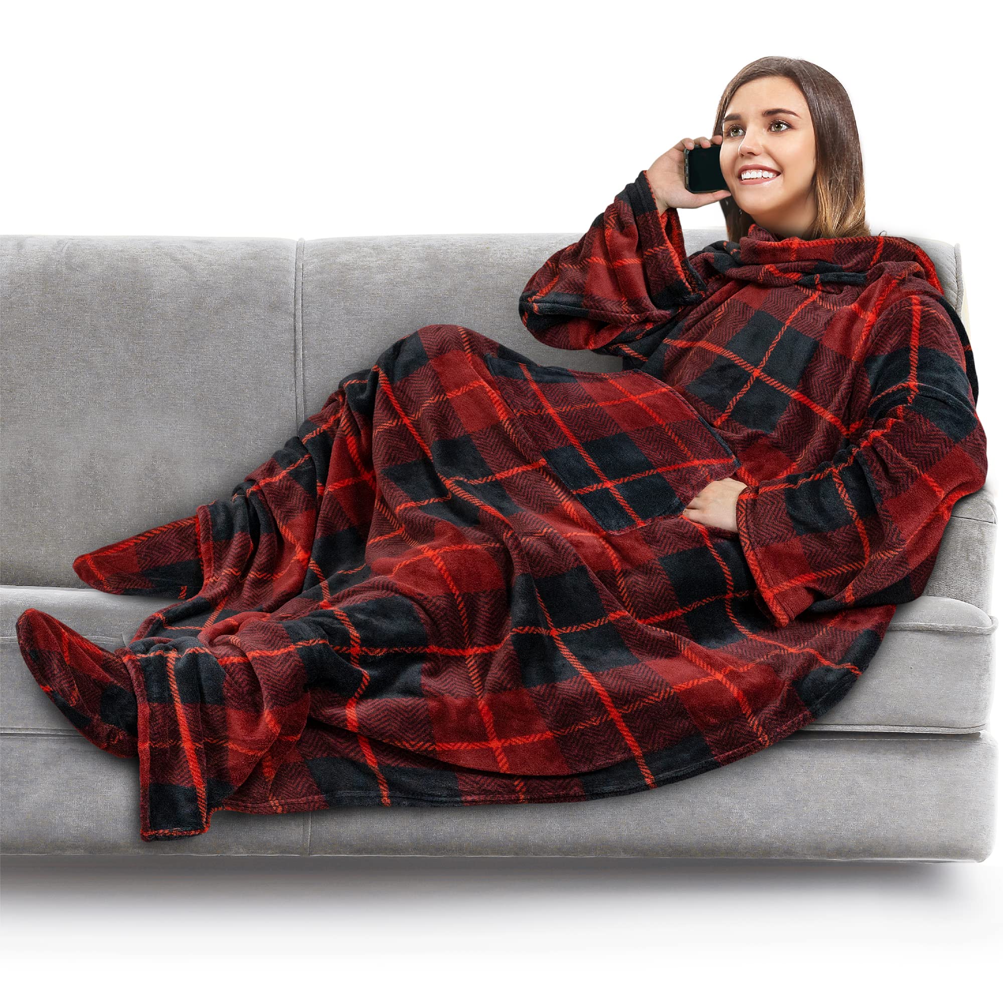 Pavilia Fleece Blanket With Sleeves, Foot Pockets For Women Men Adults, Plush Wearable Blanket Throw Wrap, Warm Snuggle Blanket Robe, Cozy Gift Ideas Wife Mom, Plaid Red