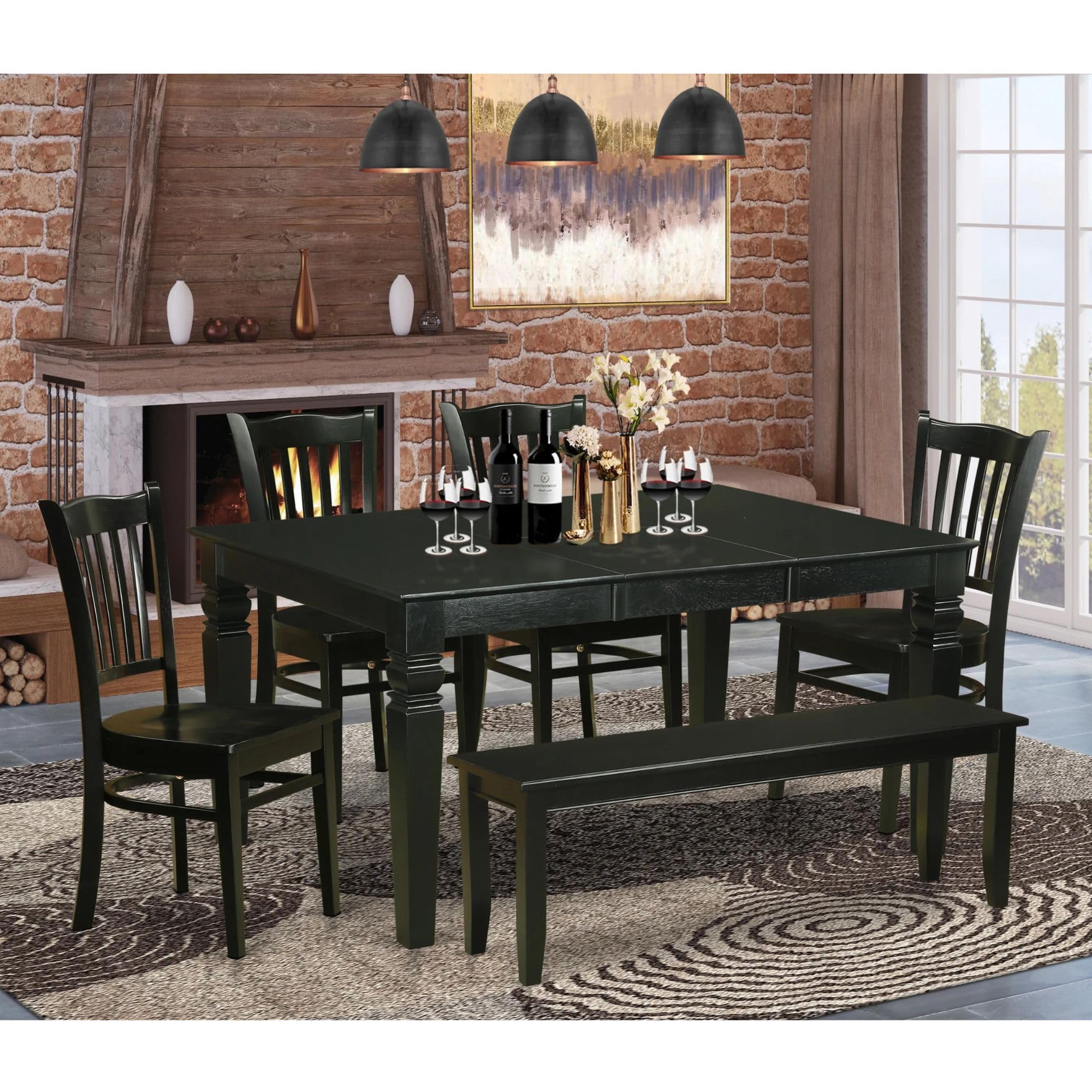 East West Furniture WEGR6D-BLK-W 6 Piece Kitchen Table Set Contains a Rectangle Dining Table with Butterfly Leaf and 4 Dining Chairs with a Bench, 42x60 Inch, Black