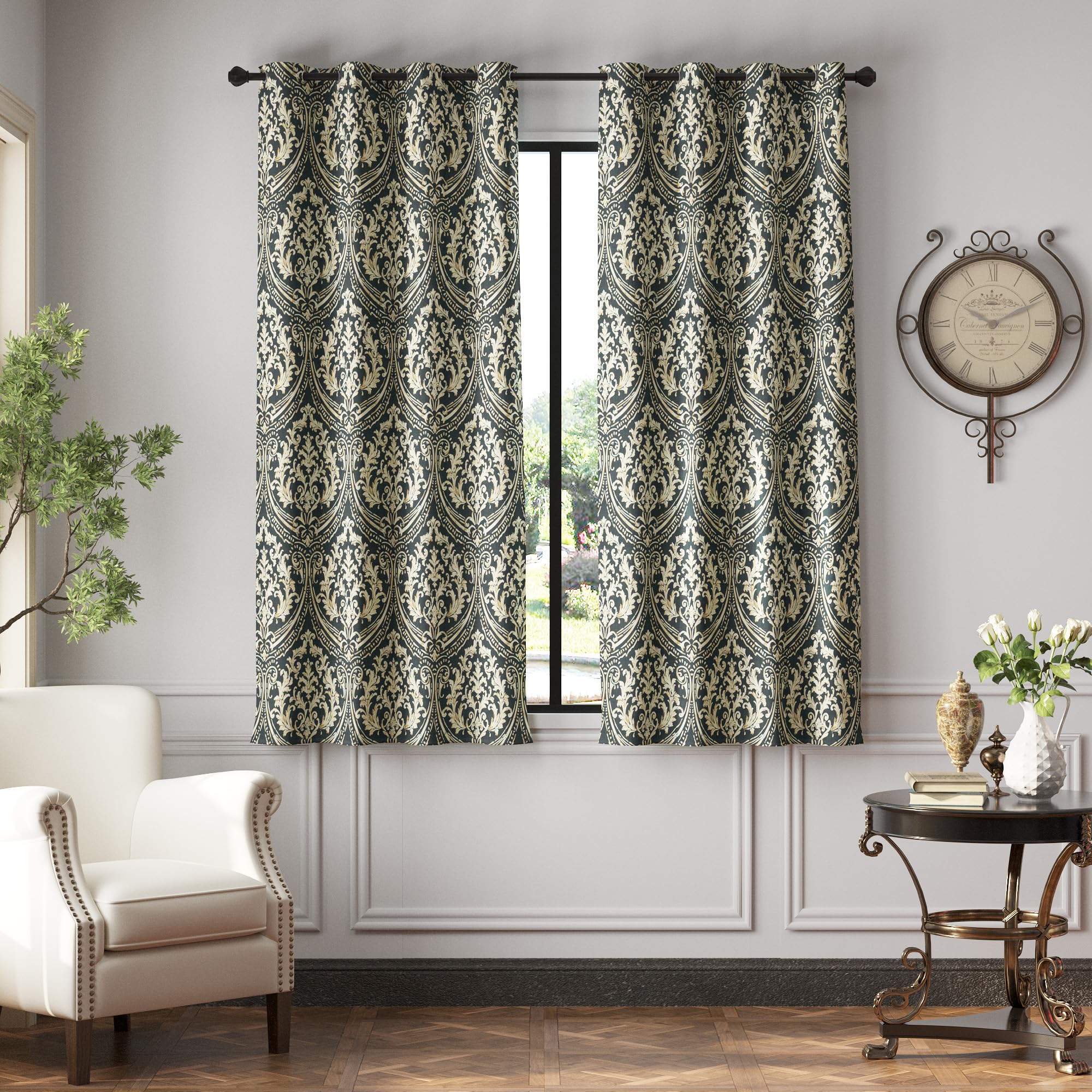 Jinchan 100% Blackout Curtains For Bedroom, Gray Damask Patterned Curtains 63 Inch Length For Living Room, Vintage Medallion Art Deco Drapes, Thermal Insulated Grommet Window Treatments, 2 Panels Grey