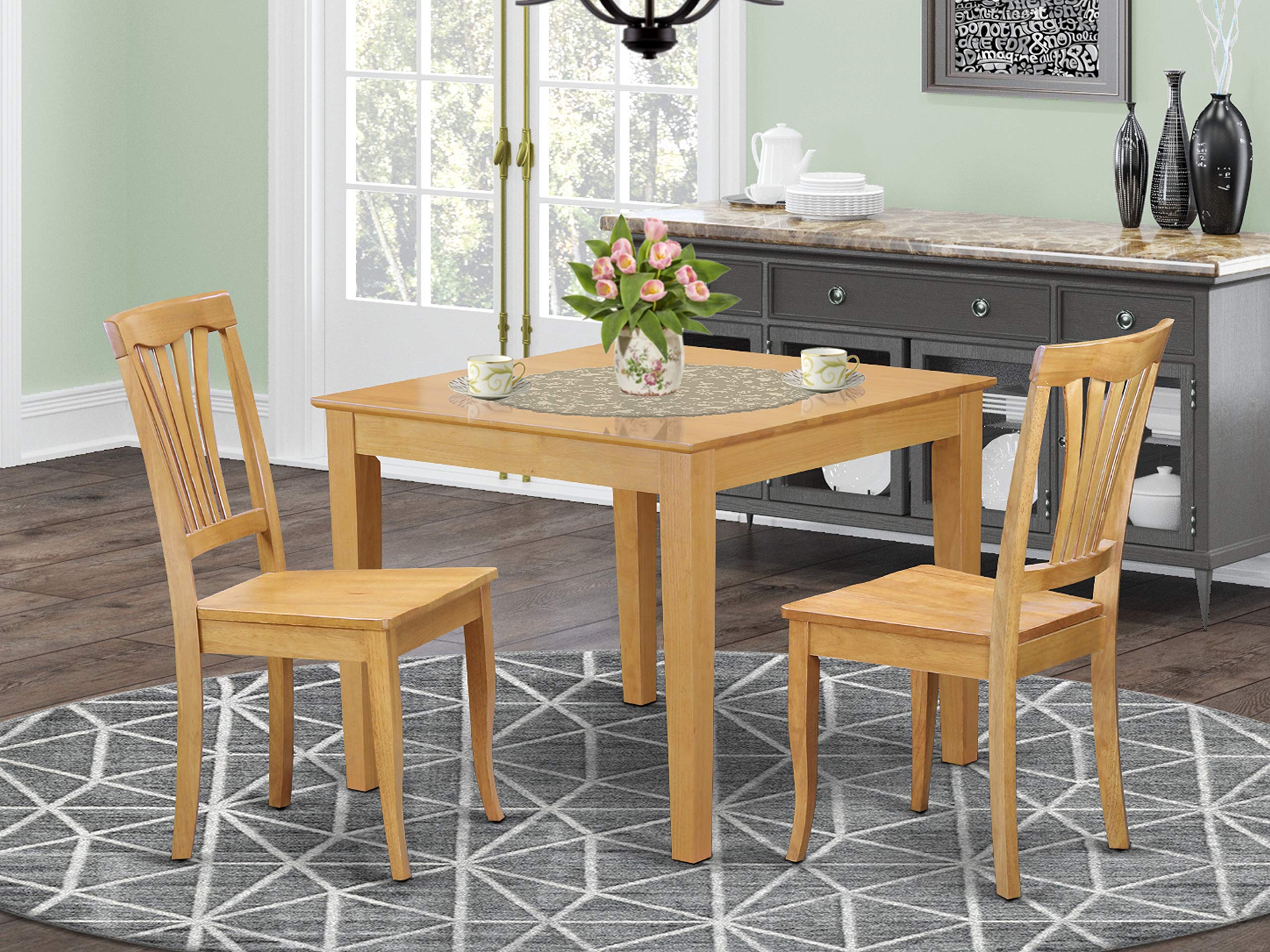 East West Furniture Oxford 3 Piece Kitchen Set Contains a Square Table and 2 Dining Room Chairs, 36x36 Inch, OXAV3-OAK-W