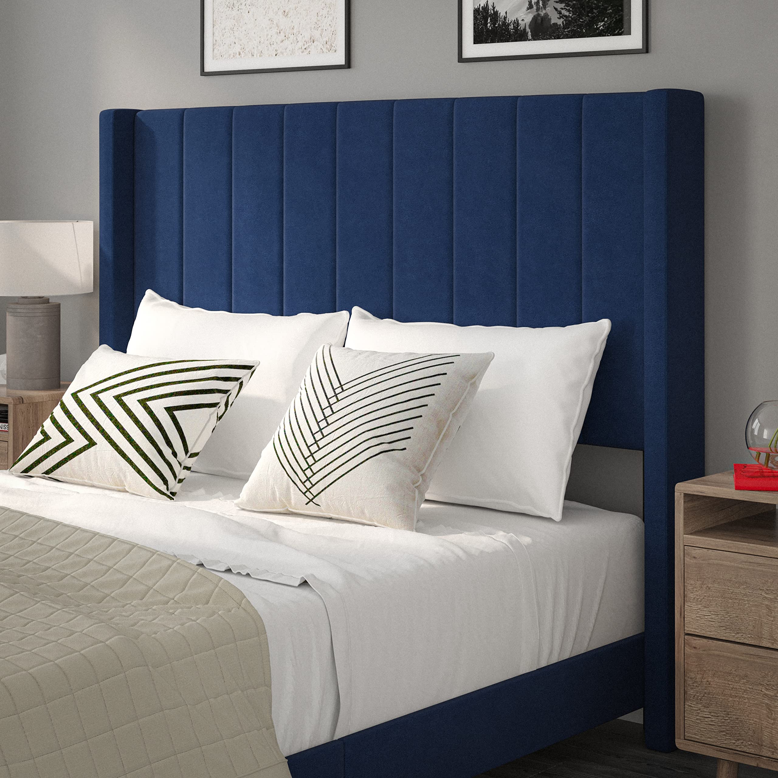 Flash Furniture Bianca Upholstered Platform Bed - Navy Velvet Upholstery - Queen - Wingback Headboard - Slatted Mattress Foundation - No Box Spring Needed