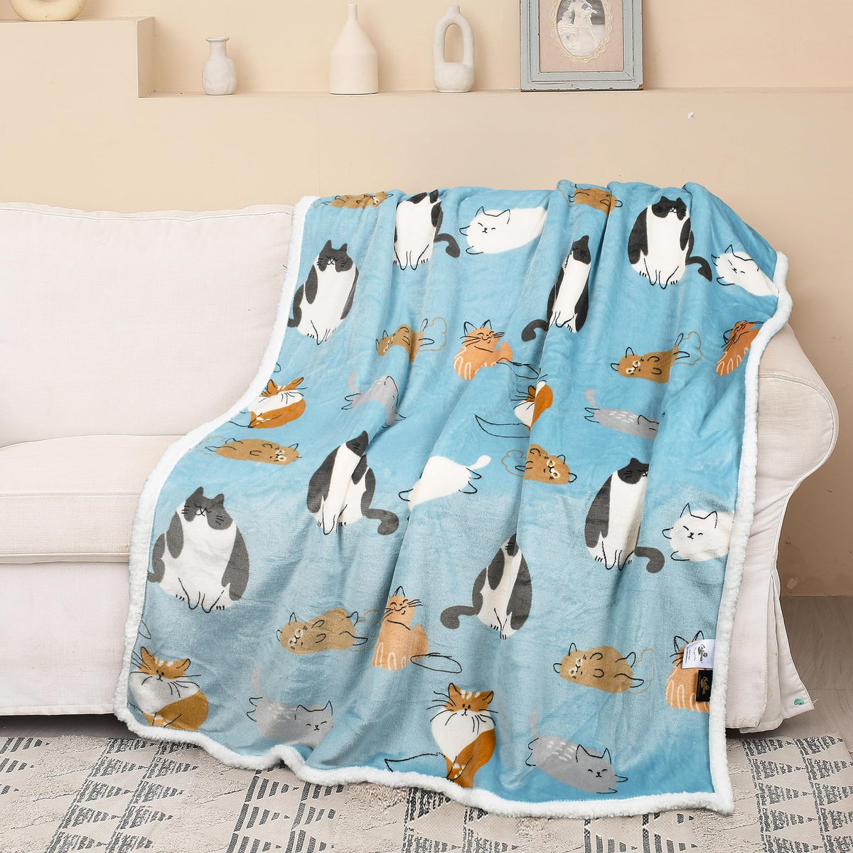 Catalonia Cat Print Sherpa Fleece Throw Blanket, Soft Mink Plush Couch Blanket, Fuzzy Fluffy Comfy Warm Throws, Comfort Caring G