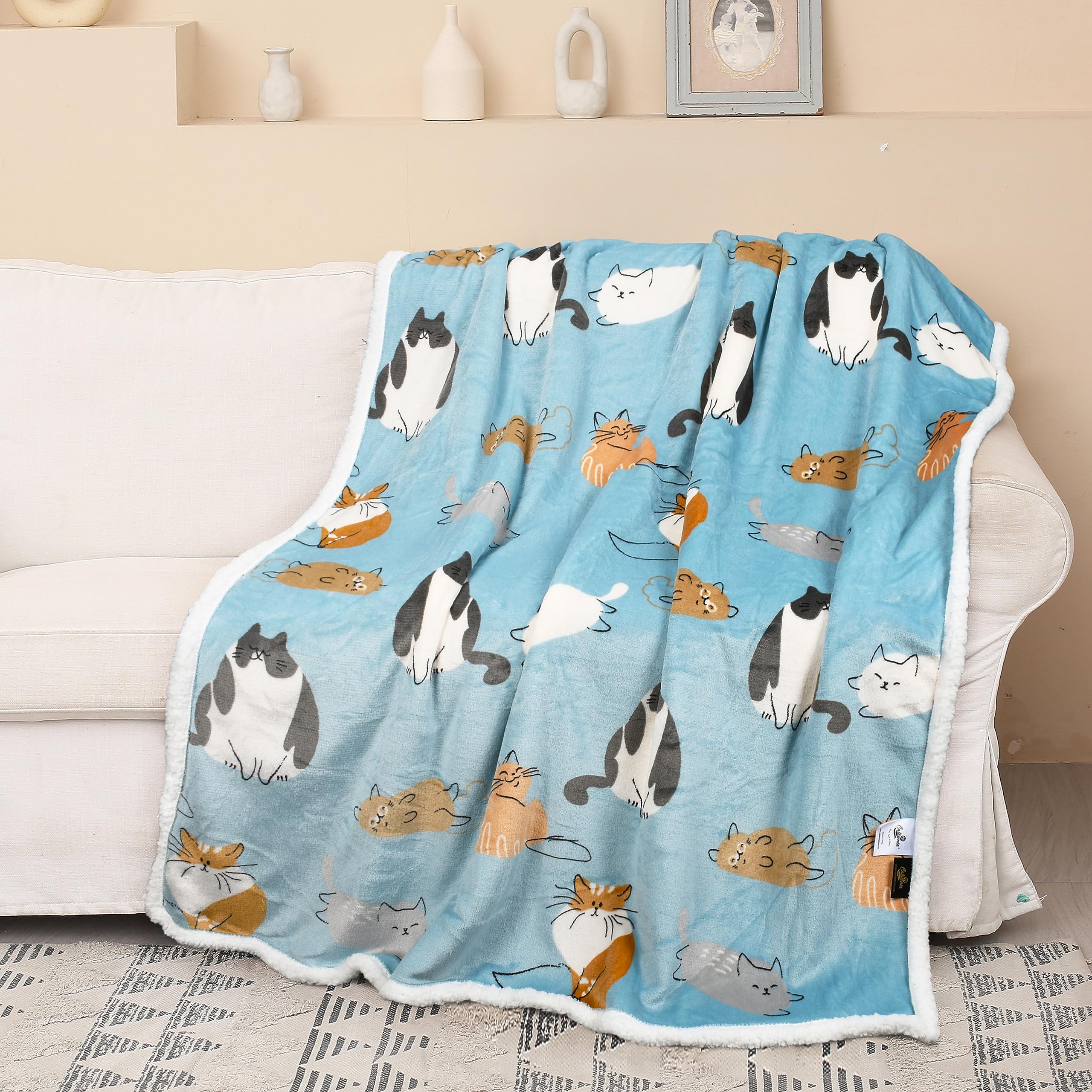 Catalonia Cat Print Sherpa Fleece Throw Blanket, Soft Mink Plush Couch Blanket, Fuzzy Fluffy Comfy Warm Throws, Comfort Caring G