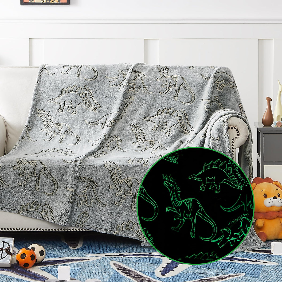 Wink Deer Glow In The Dark Kids Throw Blanket Gray Dinosaur Throw Blanket For Boys Kids Son Soft Warm Cozy Cute Dino Blanket Bed