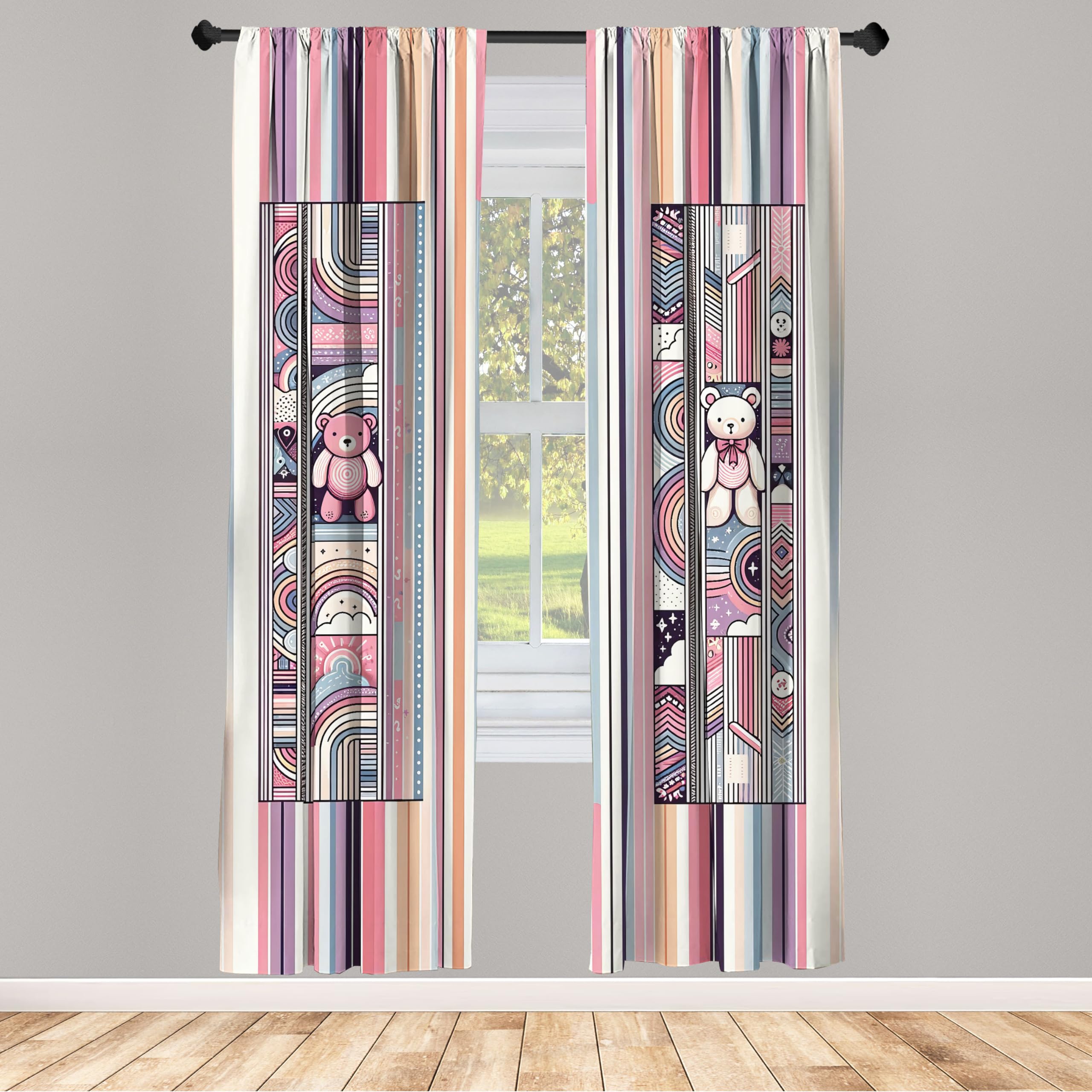 Ambesonne Bear Window Curtains Pack Of 2, Delicate Pastel Tone Road Stripes With Modern Cartoon Dream Cloud And Sun, Lightweight