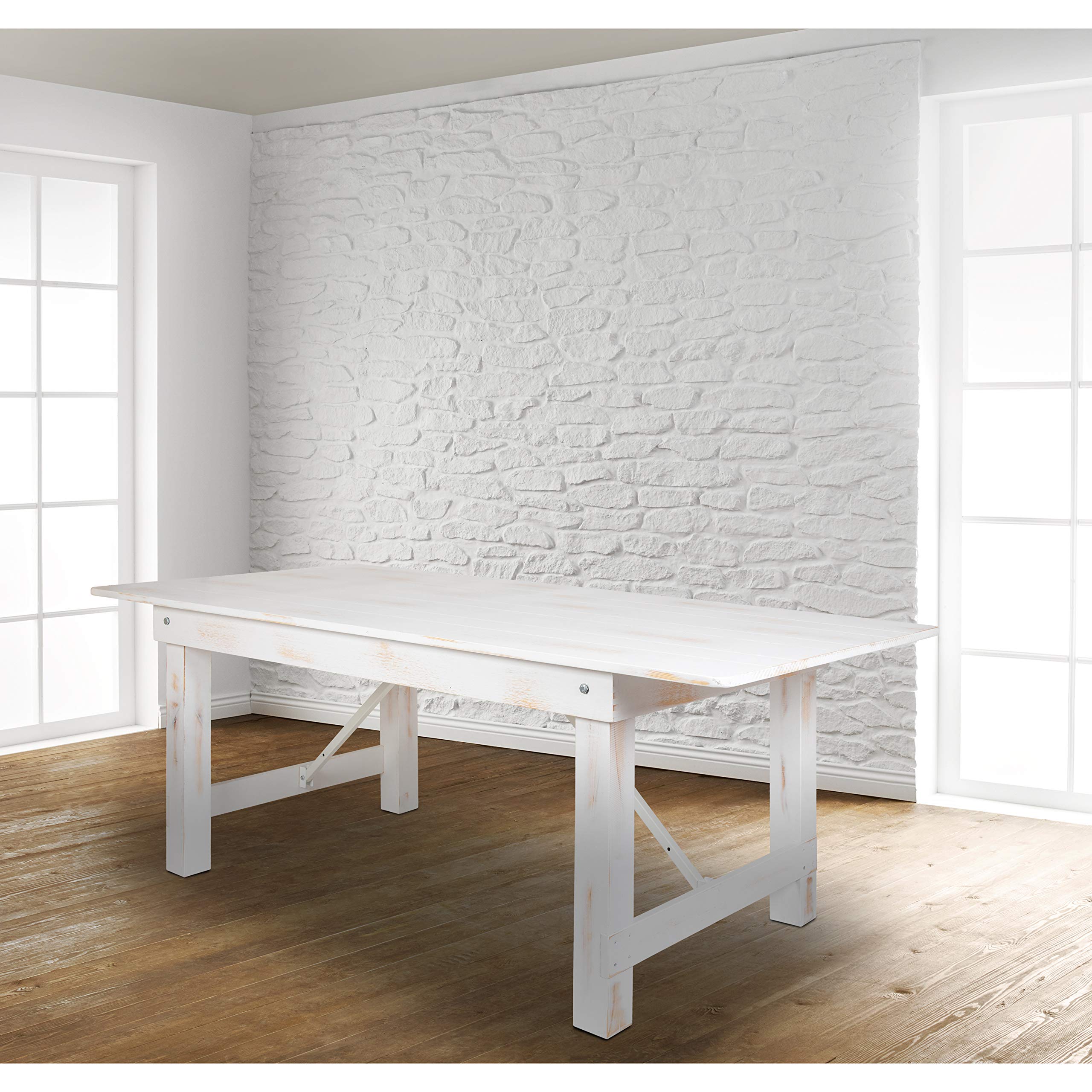 Flash Furniture Hercules Series 8' X 40&quot; Rectangular Antique Rustic White Solid Pine Folding Farm Table