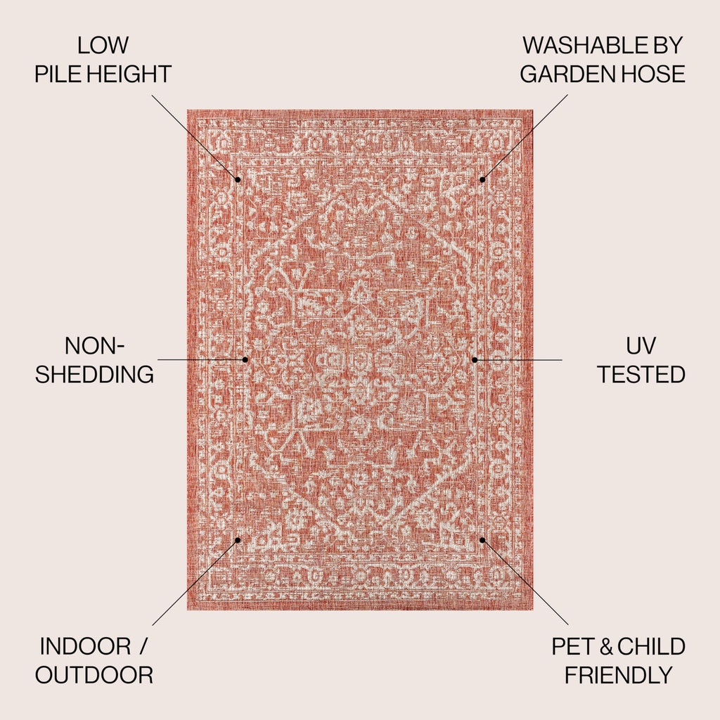 Jonathan Y Smb104A-5Sq Malta Bohemian Medallion Textured Weave Indoor Outdoor Area Rug, Coastal,Traditional,Transitional Easy Clean,Bedroom,Kitchen,Backyard,Patio, Non-Shed, Red/Taupe, 5' Square