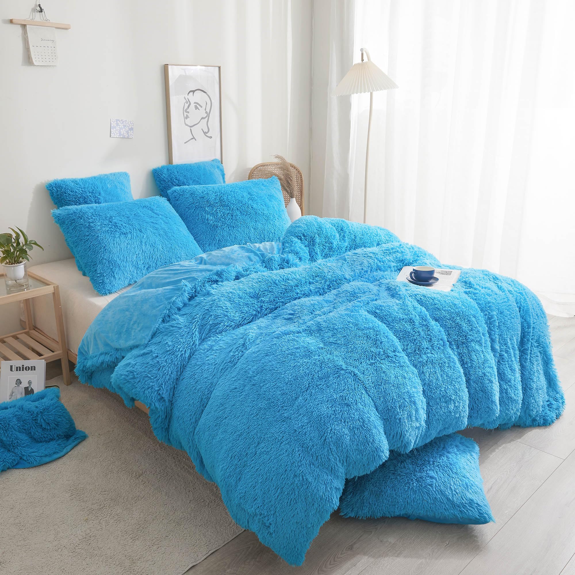 Xege Plush Faux Fur Duvet Cover King Size, Luxury Shaggy Fluffy Blue Comforter Cover 1 Pc, Soft Furry Fuzzy Velvet Bedding With