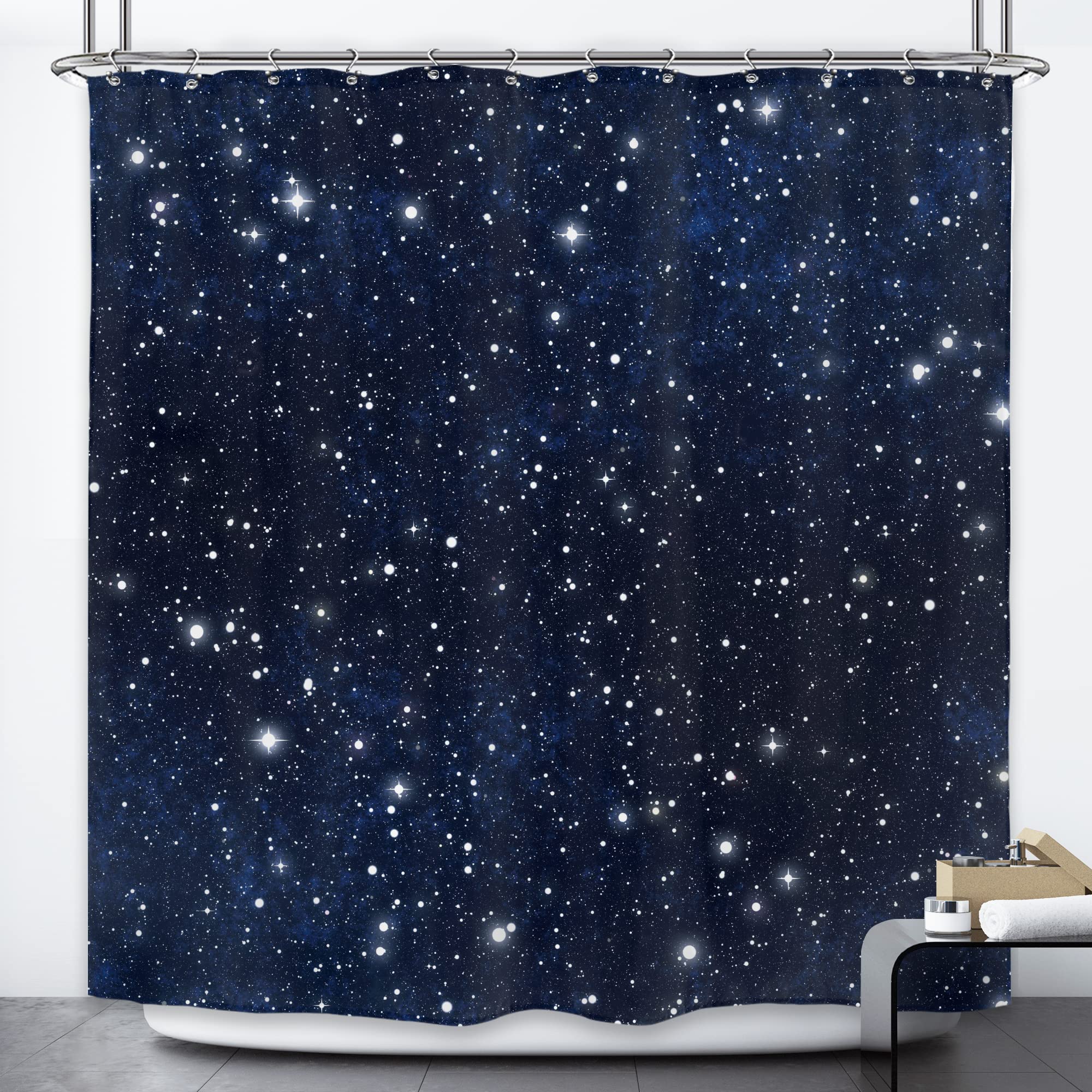 Riyidecor Night Sky Space Shower Curtain (No Glitter) Star Bathroom Decor 72Wx72H Inch Backdrop Dark Blue Cosmic Starry Fantasy 