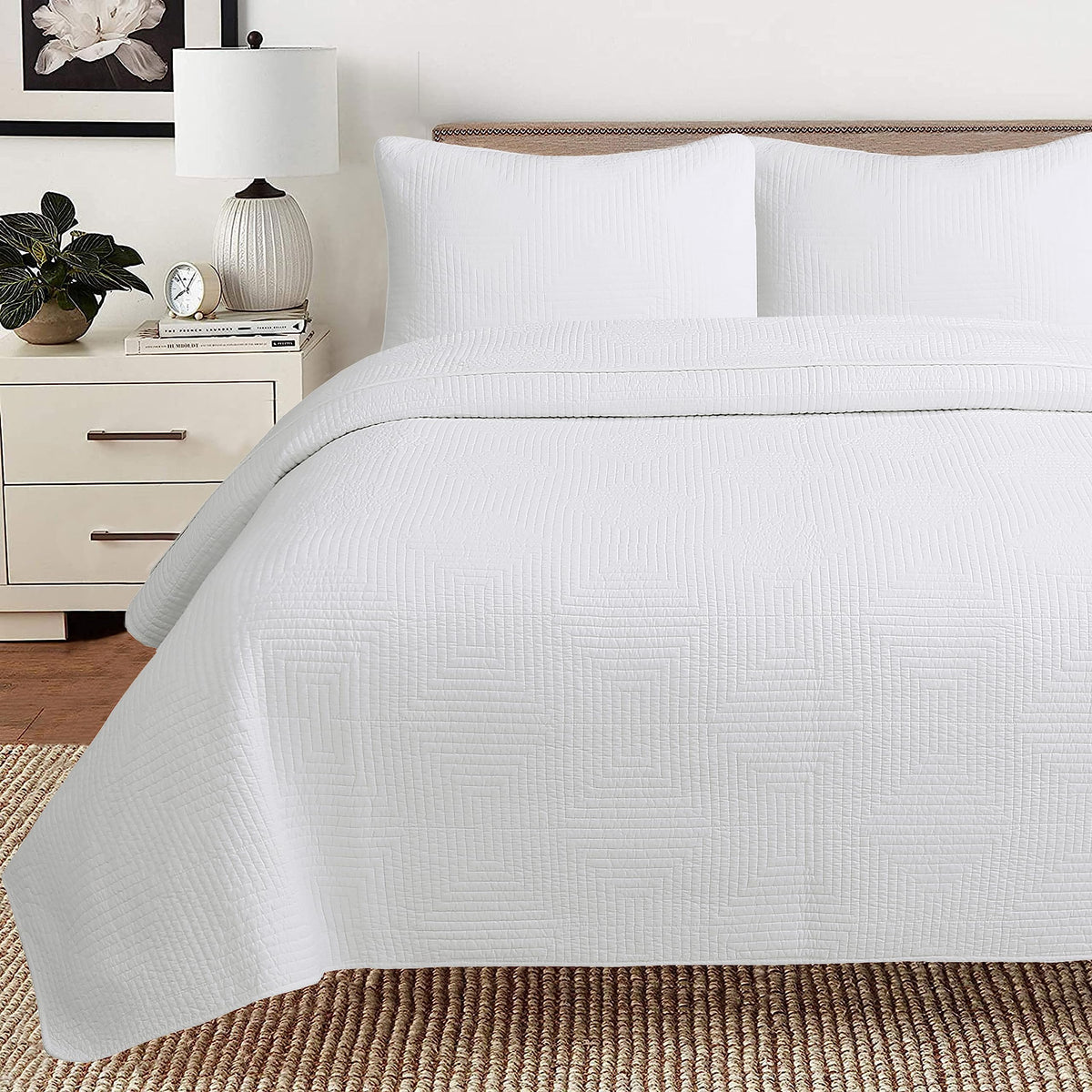 Cozy Line Home Fashions Solid White 100% Cotton Quilt Bedding Set, Lightweight For All Seasons Bedspread Coverlet (Maze, Twin-2