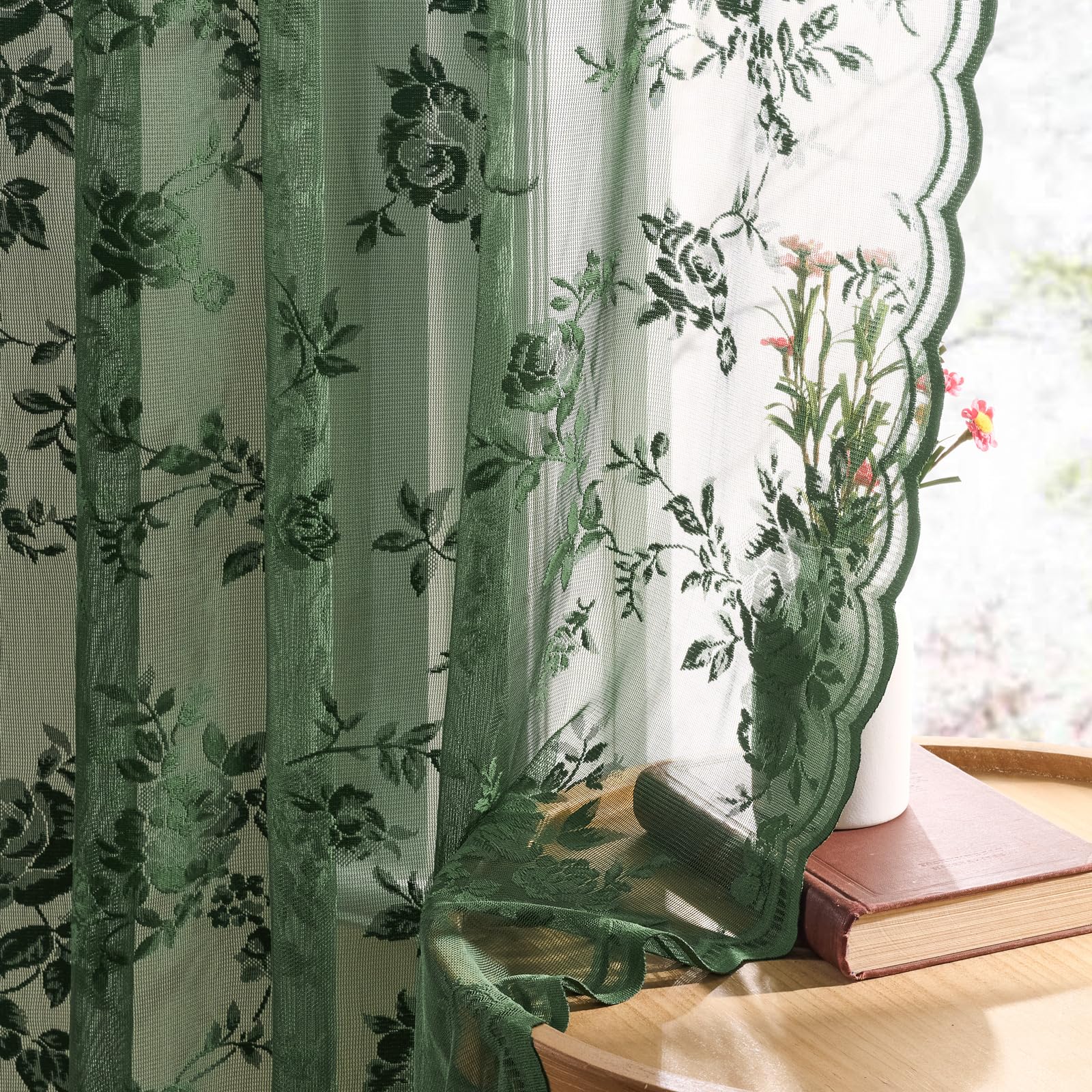 Dark Green Lace Curtains 80 Inches Long Victorian Floral Sheer Curtains for Living Room Bedroom Botanical Embroidery Decor Drape