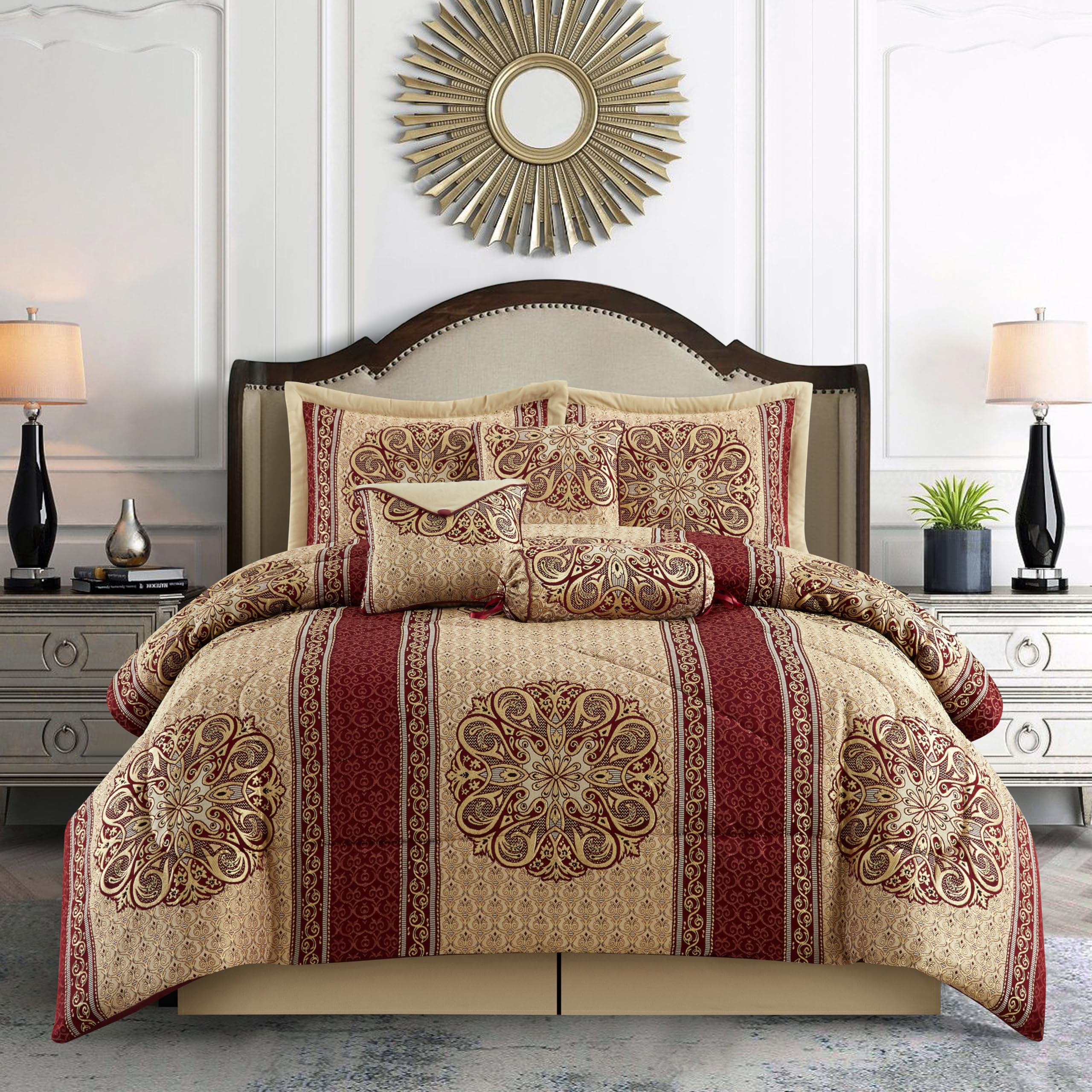Grand Avenue Gold/Wine Bedroom Comforter Sets Queen, 7 Piece, Burgundy Home Decor, Premium Lightweight Microfiber, Bedskirt, Pil