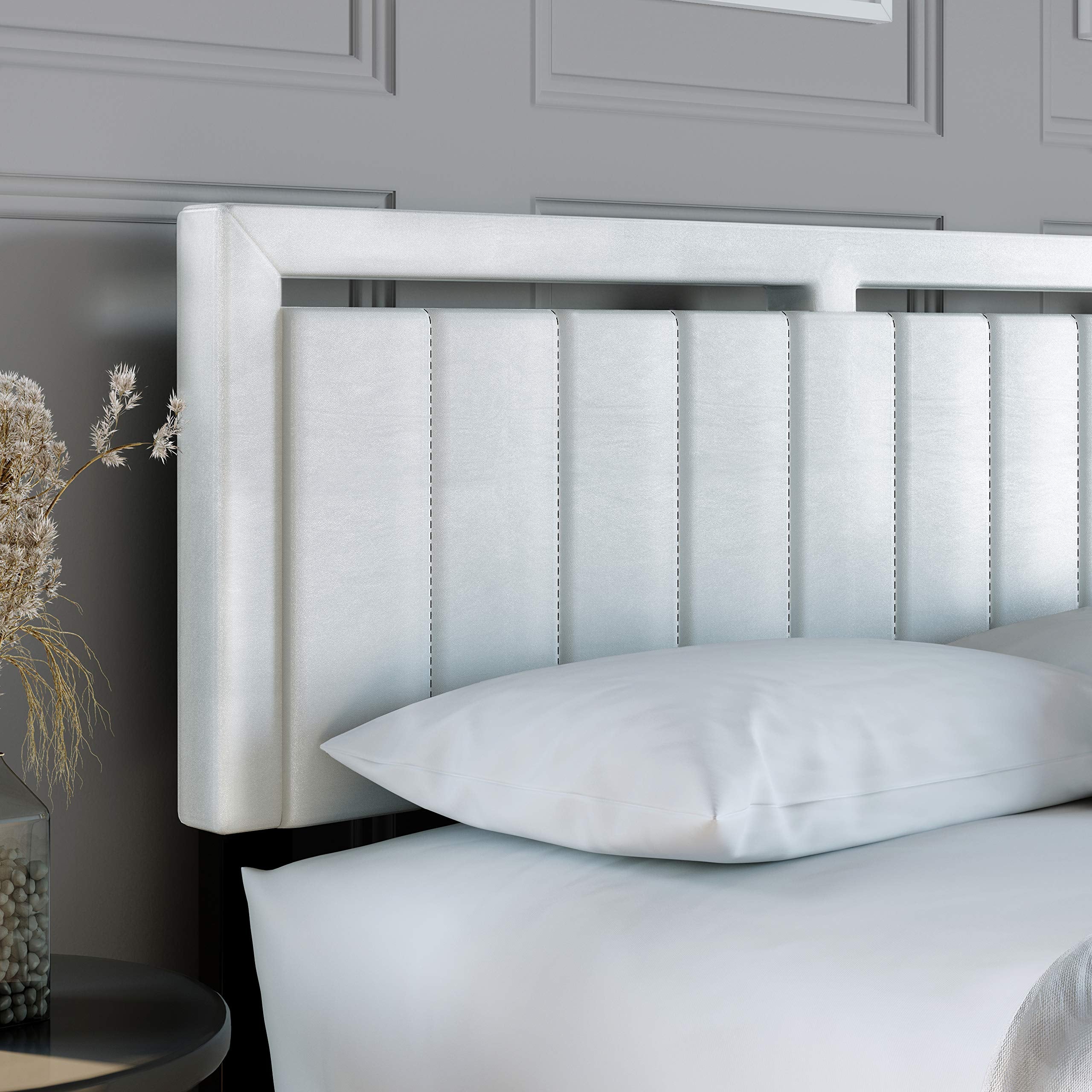 Boyd Sleep Beaumont Upholstered Platform Bed with Headboard, Mattress Foundation with Strong 14 Wood Slat Supports, No Box Spring Required, White Faux Leather, Size Queen