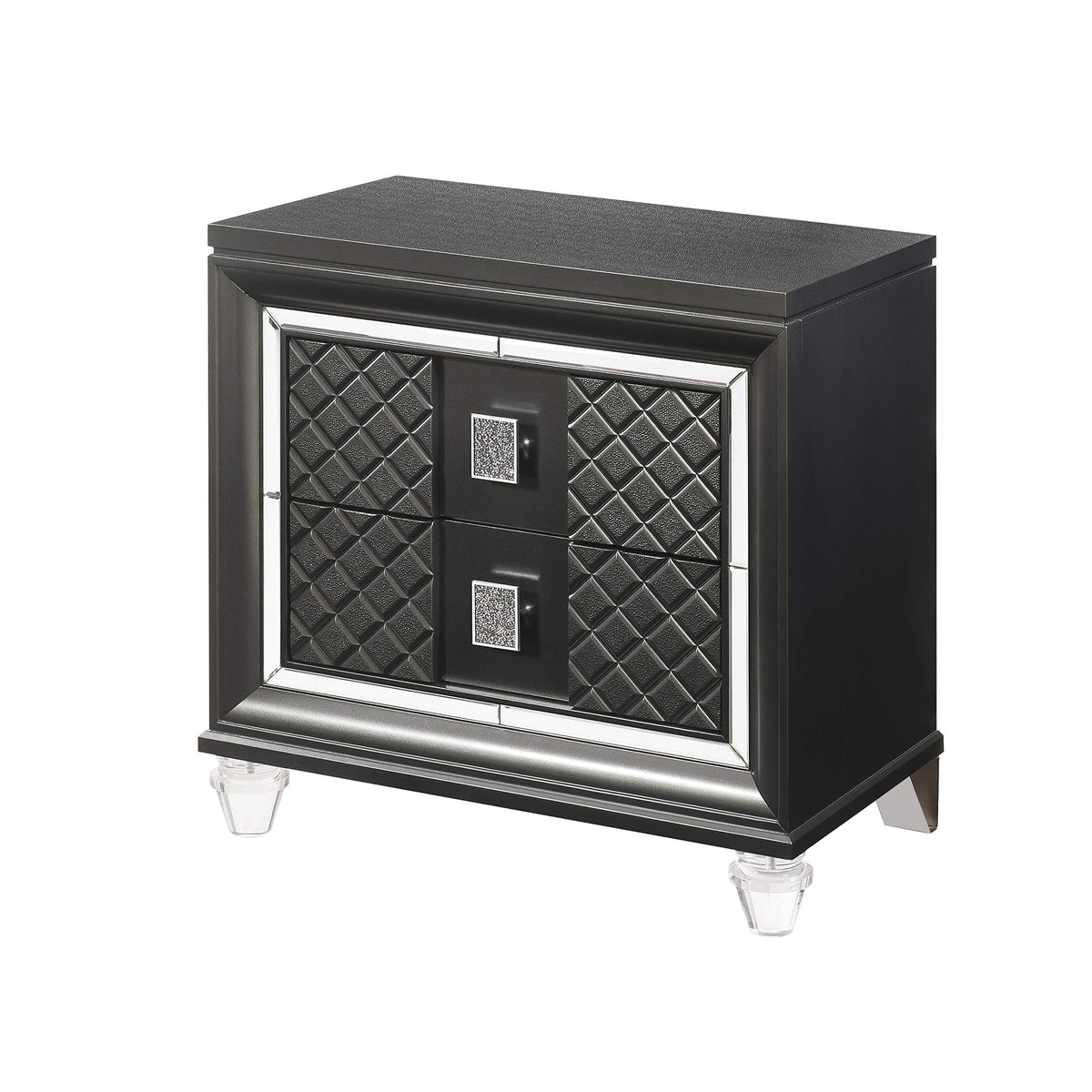 Benjara 2 Drawer Wooden Nightstand With Mirror Accents And Diamond Pattern, Black
