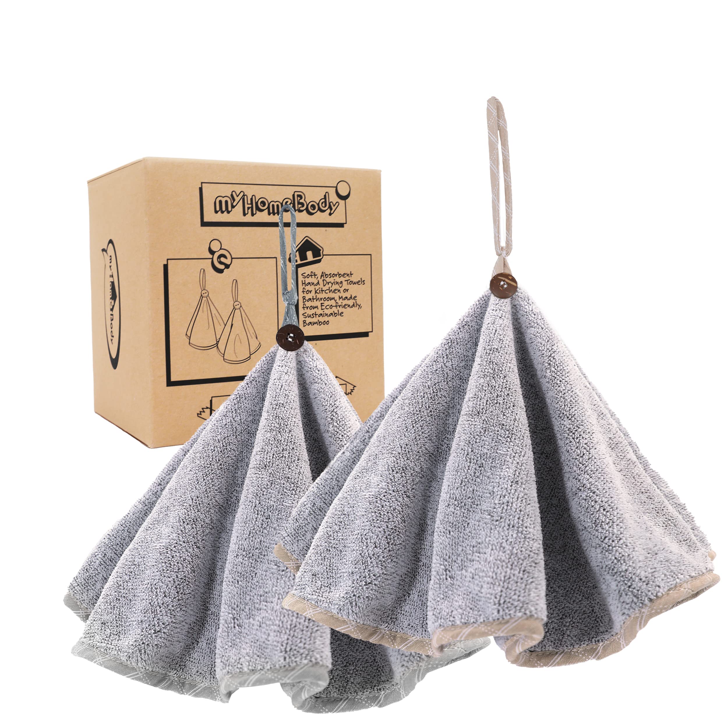 myHomeBody Hand Towels with Button Loop, Hand Towels with Hanging Loops, Kitchen Hand Towels with Button, Charcoal Fiber, Set of