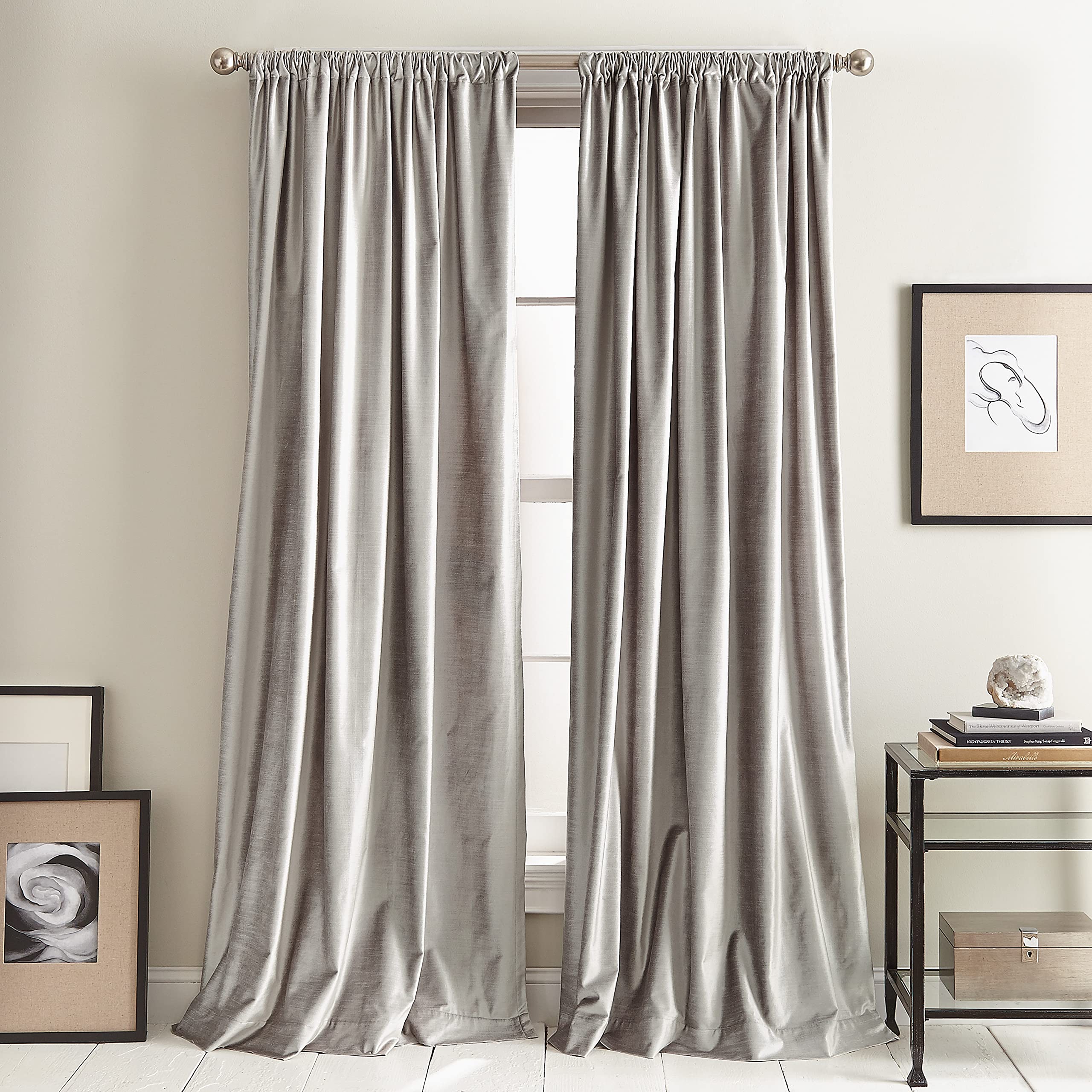DKNY Curtains Modern Knotted Velvet Lined Curtain Panel Pair, 108, Silver