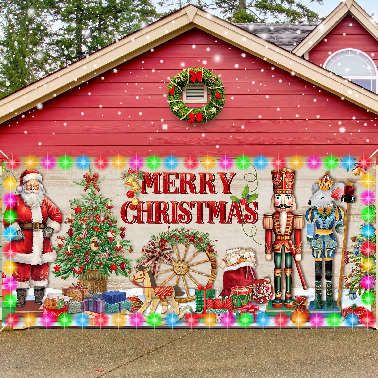 Fuweave Christmas Garage Door Banner Cover With Led String Light Battery Box Outdoor Large Christmas Santa Claus Garage Door Dec