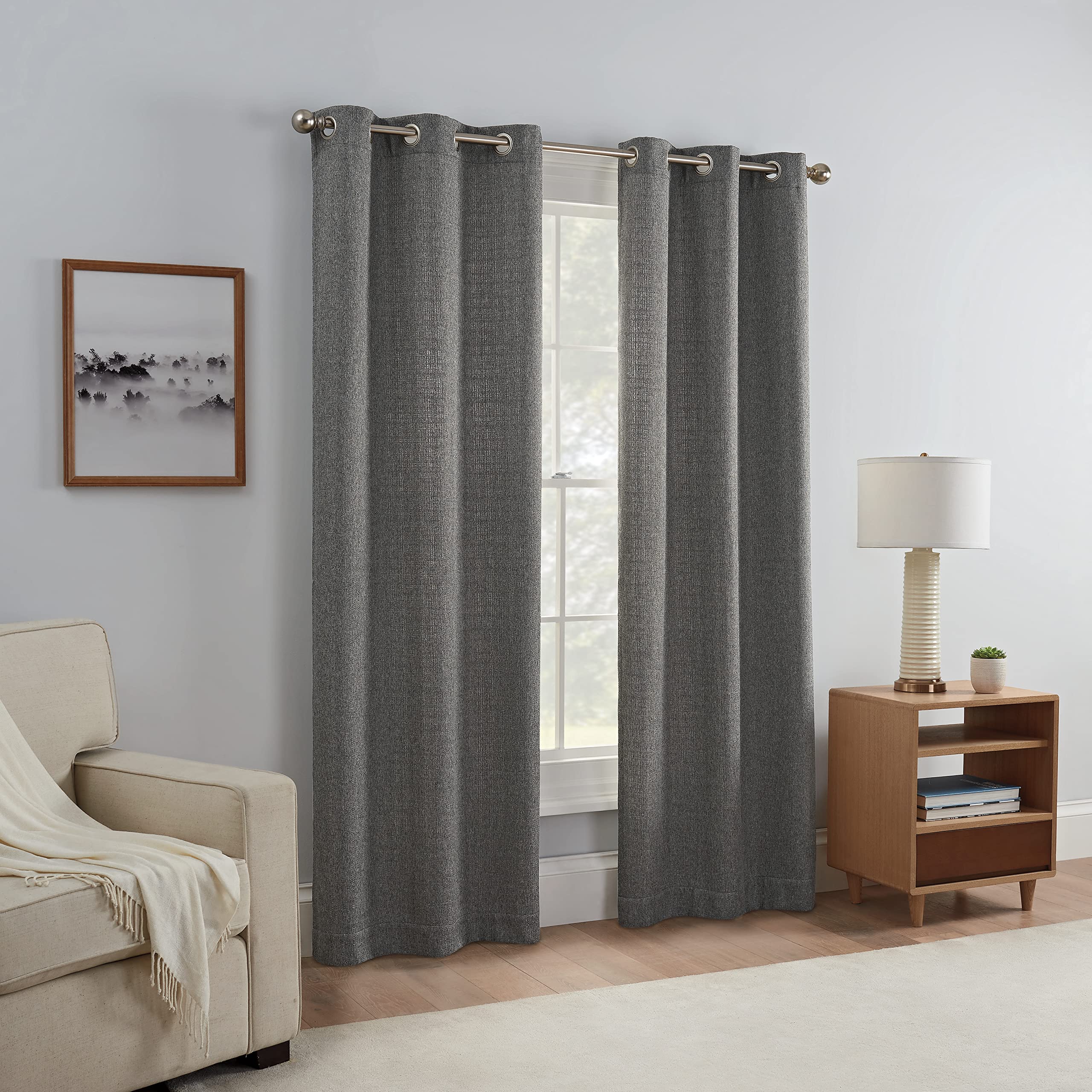 Eclipse Carter Draftstopper Light Filtering Grommet Lined Window Curtains for Living Room (2 Panels), 37 in x 84 in, Charcoal
