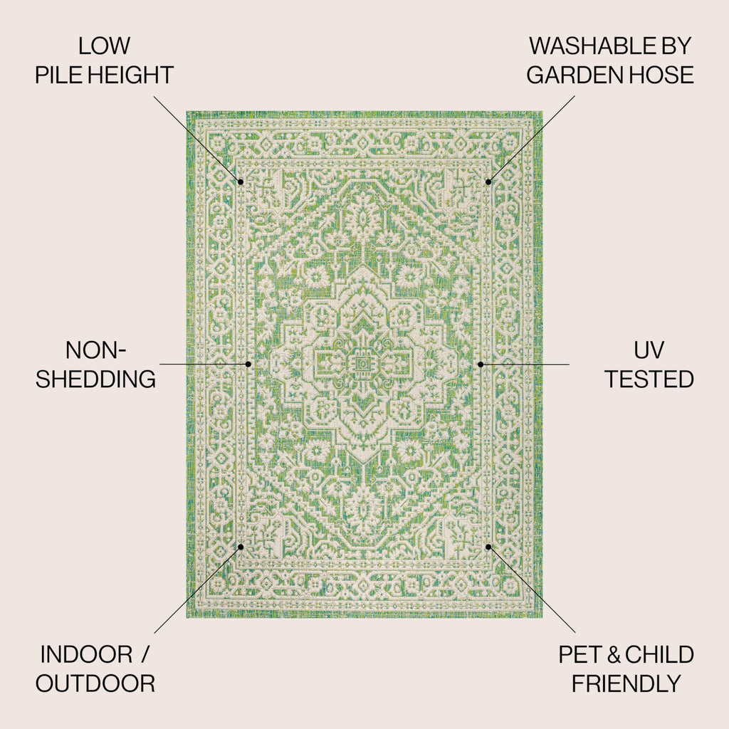 Jonathan Y Smb101H-9 Sinjuri Medallion Textured Weave Indoor Outdoor Area-Rug, Coastal, Traditional, Transitional Easy-Cleaning,Bedroom,Kitchen,Backyard,Patio,Non Shedding, Cream/Green, 9 X 12