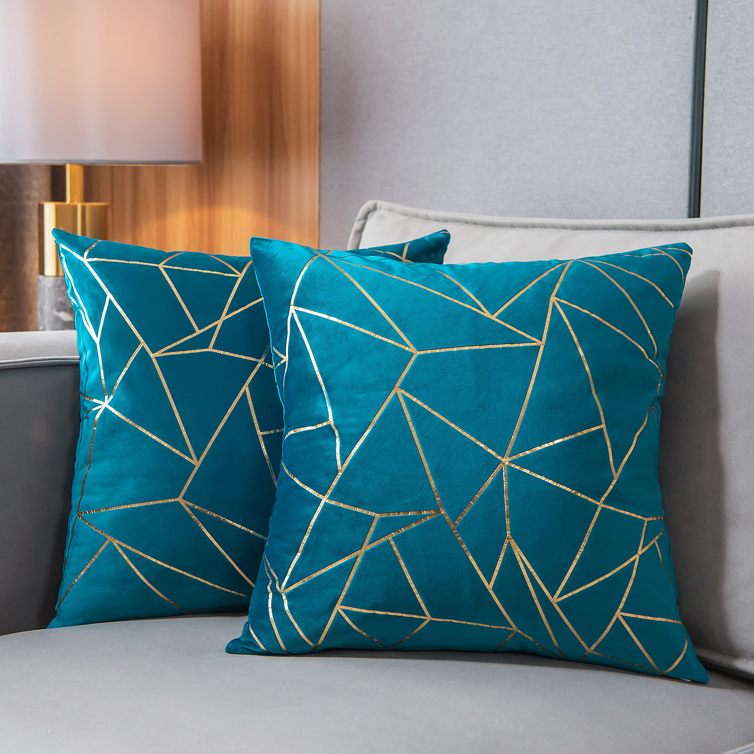Yongliu Set Of 2 Velvet Cushion Cases Decorative Gold Foil Geometric Pattern Ultra-Soft Square Throw Pillow Covers For Modern Ho
