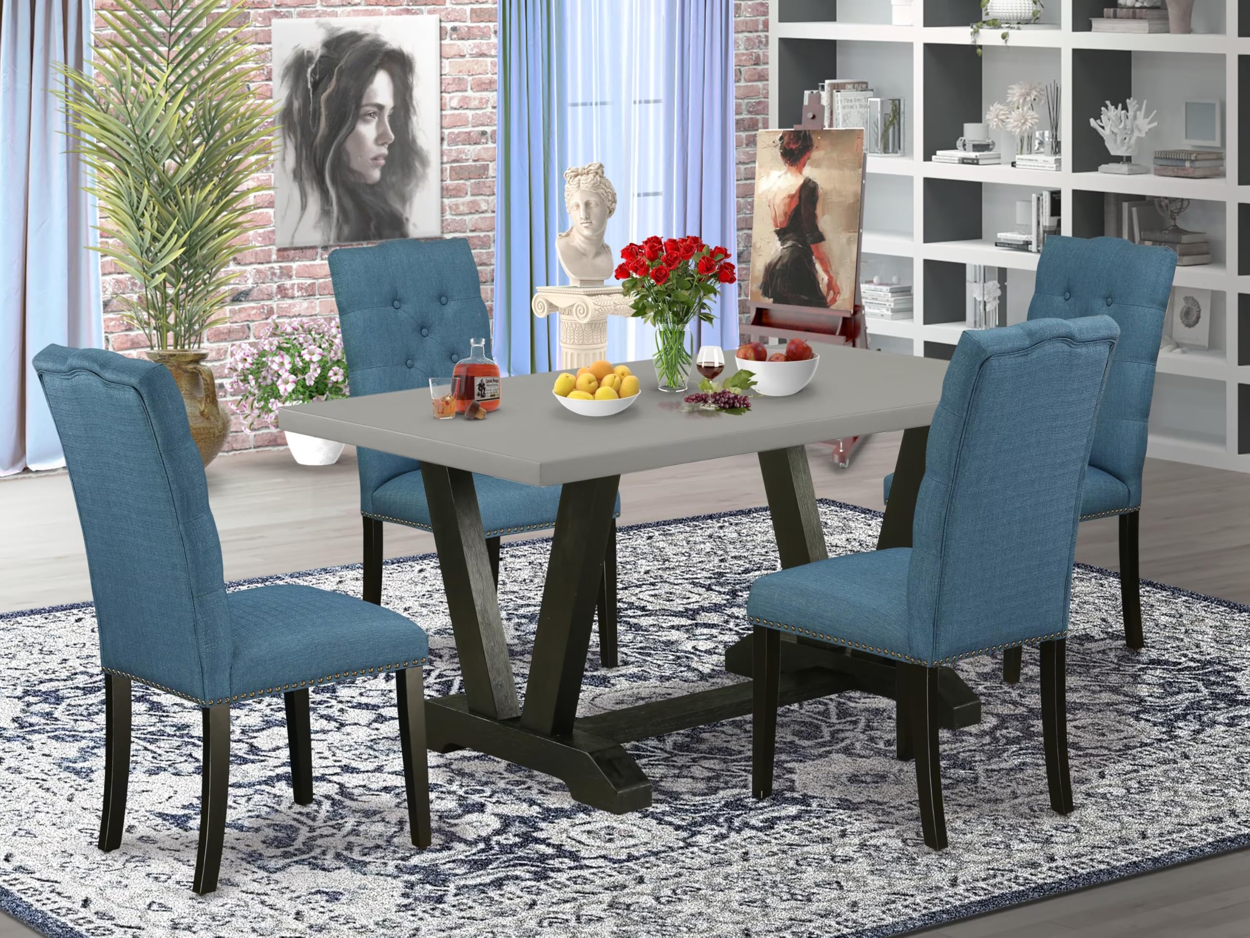 East West Furniture V696El121-5 5 Piece Dinette Set For 4 Includes A Rectangle Dining Room Table With V-Legs And 4 Blue Linen Fabric Parsons Dining Chairs, 36X60 Inch, Multi-Color