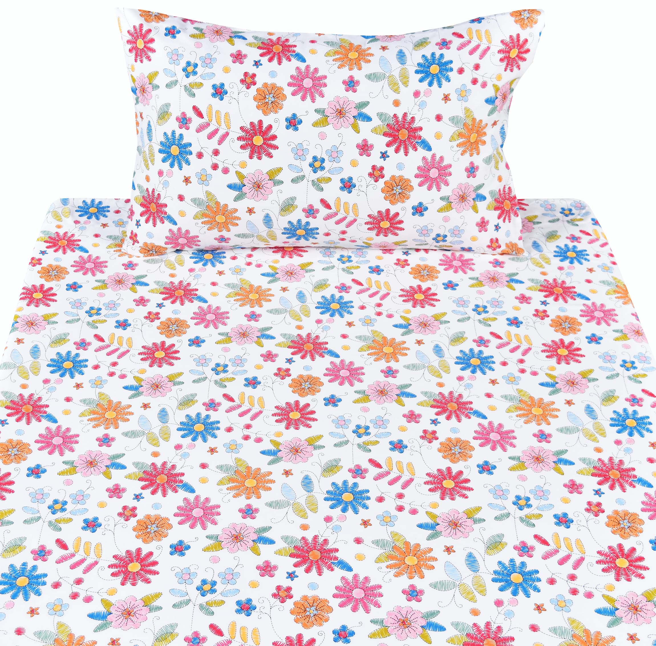 Scientific Sleep Twin Bed Sheet Set, 100% Cotton, Colorful Floral Design, 3 Pcs Includes Flat & Fitted Sheet, Pillowcase, Kids Bedding