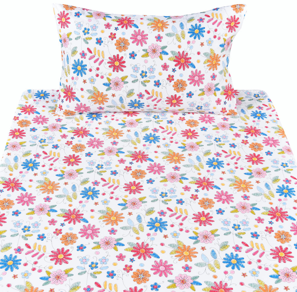 Scientific Sleep Twin Bed Sheet Set, 100% Cotton, Colorful Floral Design, 3 Pcs Includes Flat & Fitted Sheet, Pillowcase, Kids Bedding