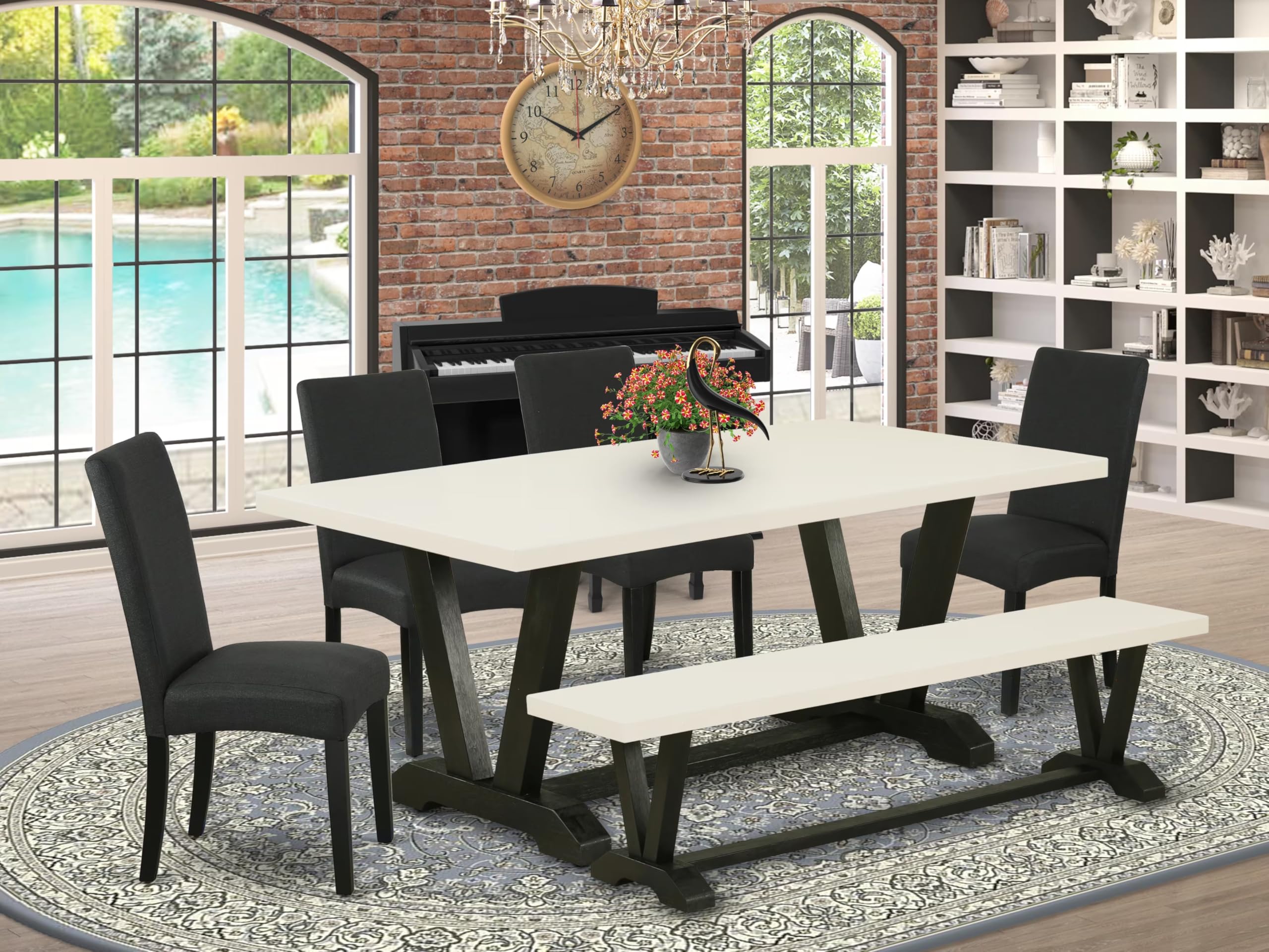 East West Furniture V627Dr124-6 6 Piece Dinette Set Contains A Rectangle Dining Table With V-Legs And 4 Black Color Linen Fabric Parson Chairs With A Bench, 40X72 Inch, Multi-Color