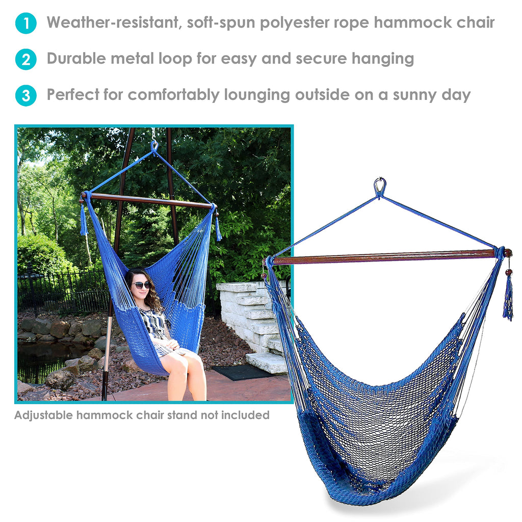Sunnydaze Indoor/Outdoor Caribbean Xl Hanging Hammock Chair Swing - Soft-Spun Polyester Rope - 300-Pound Capacity - Blue
