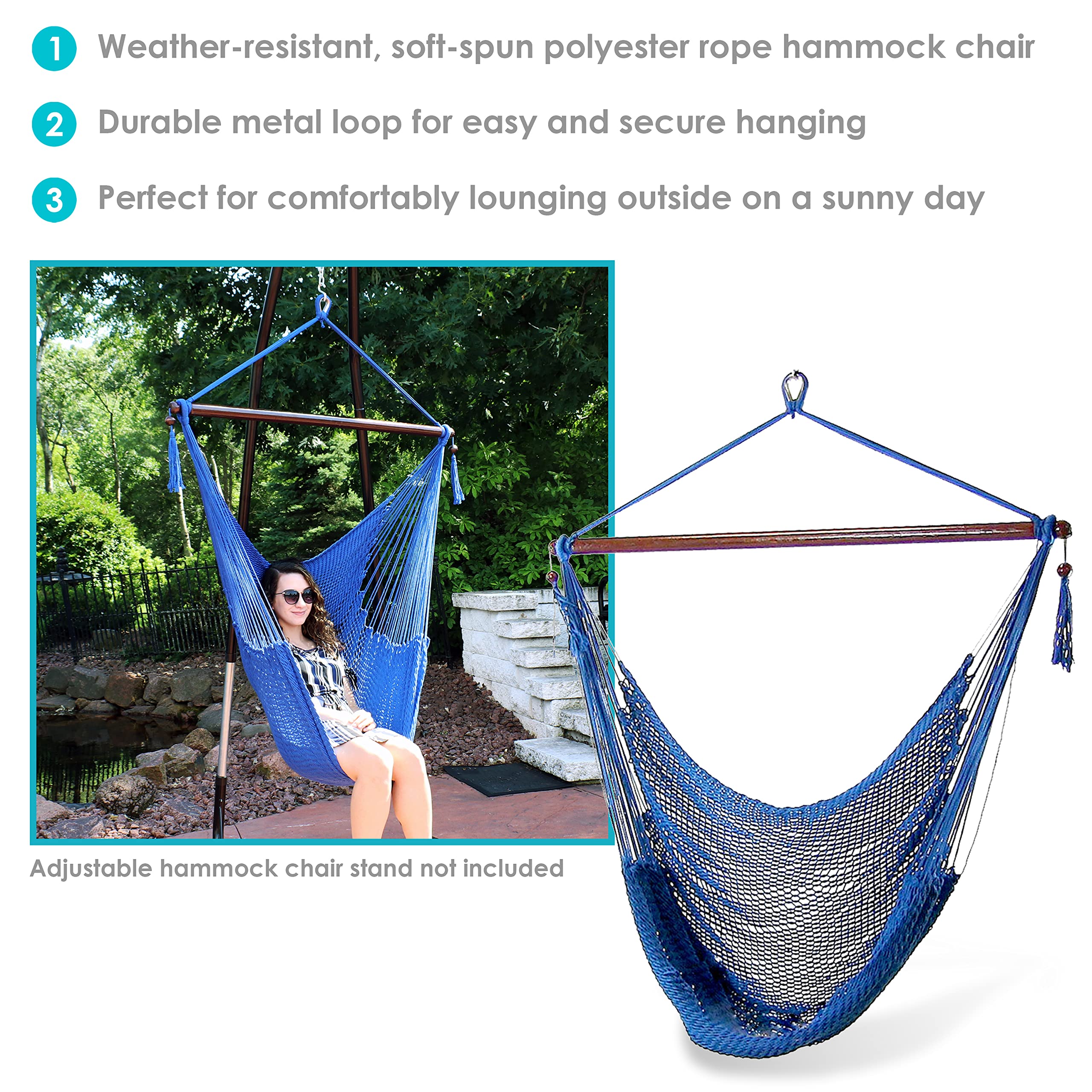Sunnydaze Indoor/Outdoor Caribbean Xl Hanging Hammock Chair Swing - Soft-Spun Polyester Rope - 300-Pound Capacity - Blue
