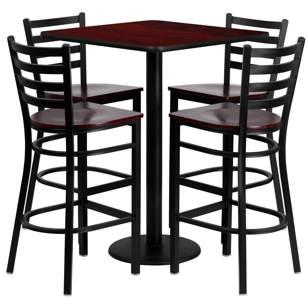 Flash Furniture Clark 30'' Square Mahogany Laminate Table Set with 4 Ladder Back Metal Barstools - Mahogany Wood Seat
