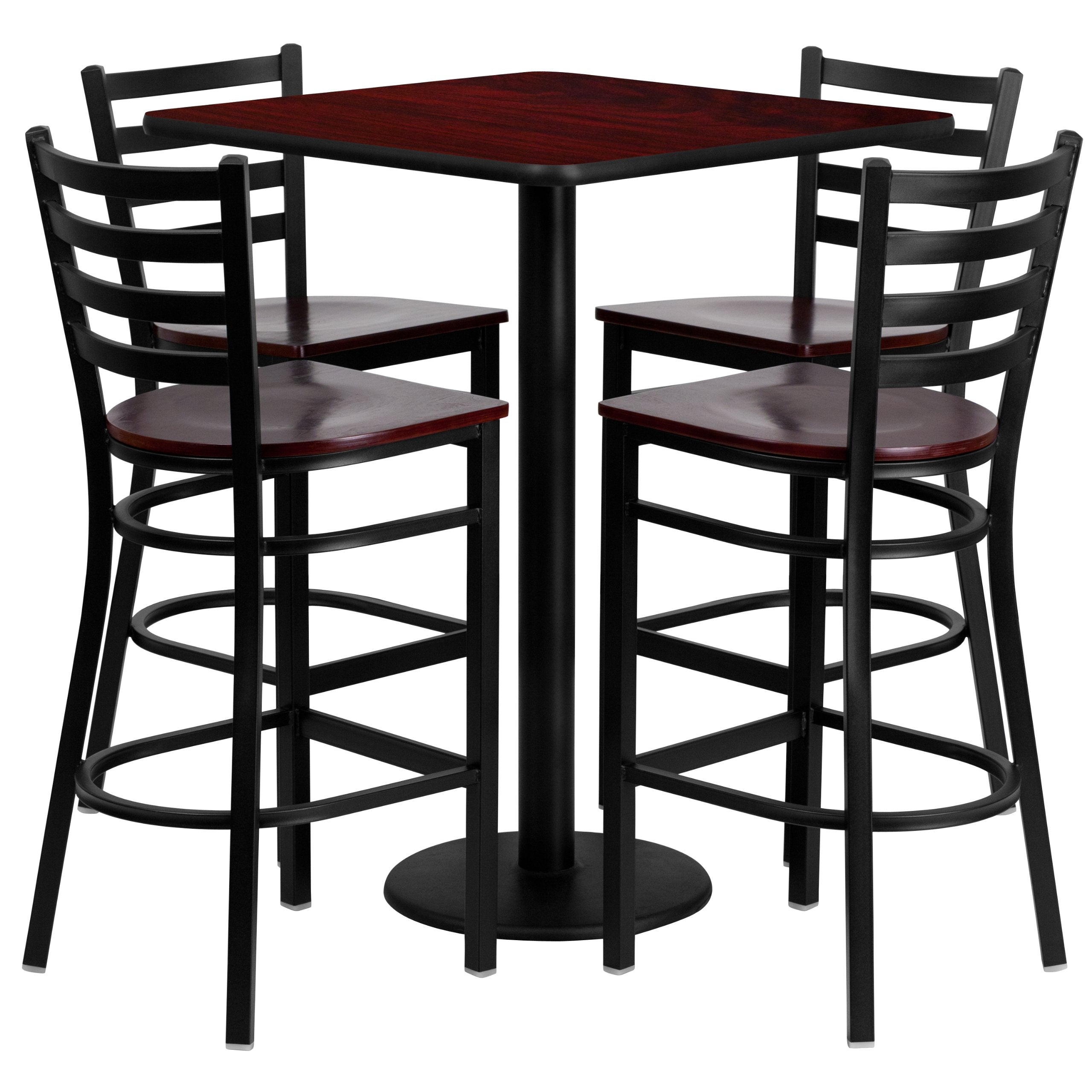 Flash Furniture Clark 30'' Square Mahogany Laminate Table Set with 4 Ladder Back Metal Barstools - Mahogany Wood Seat
