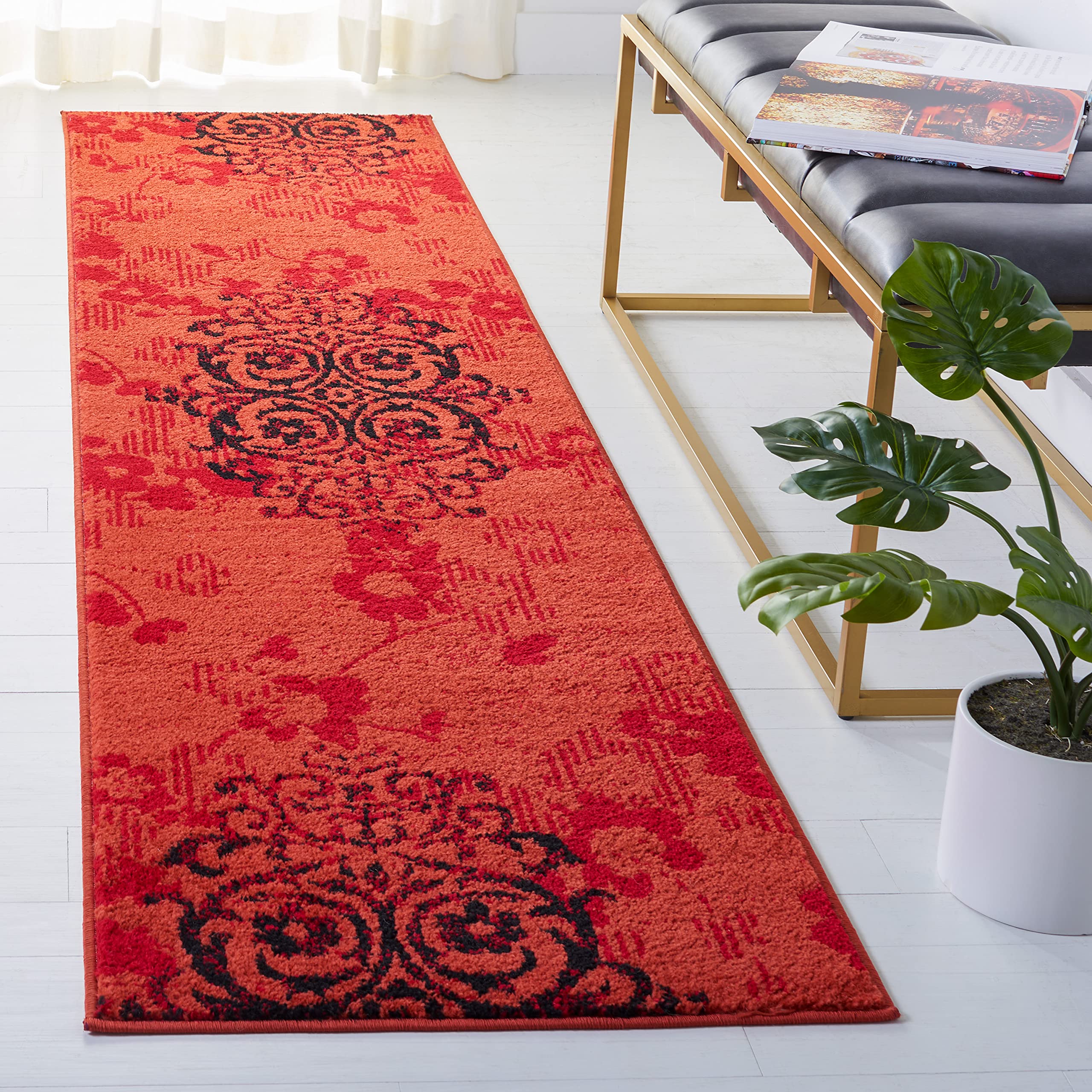 SAFAVIEH Adirondack Collection Runner Rug - 22 x 9, Red & Black, Floral Glam Damask Distressed Design, Non-Shedding & Easy Car