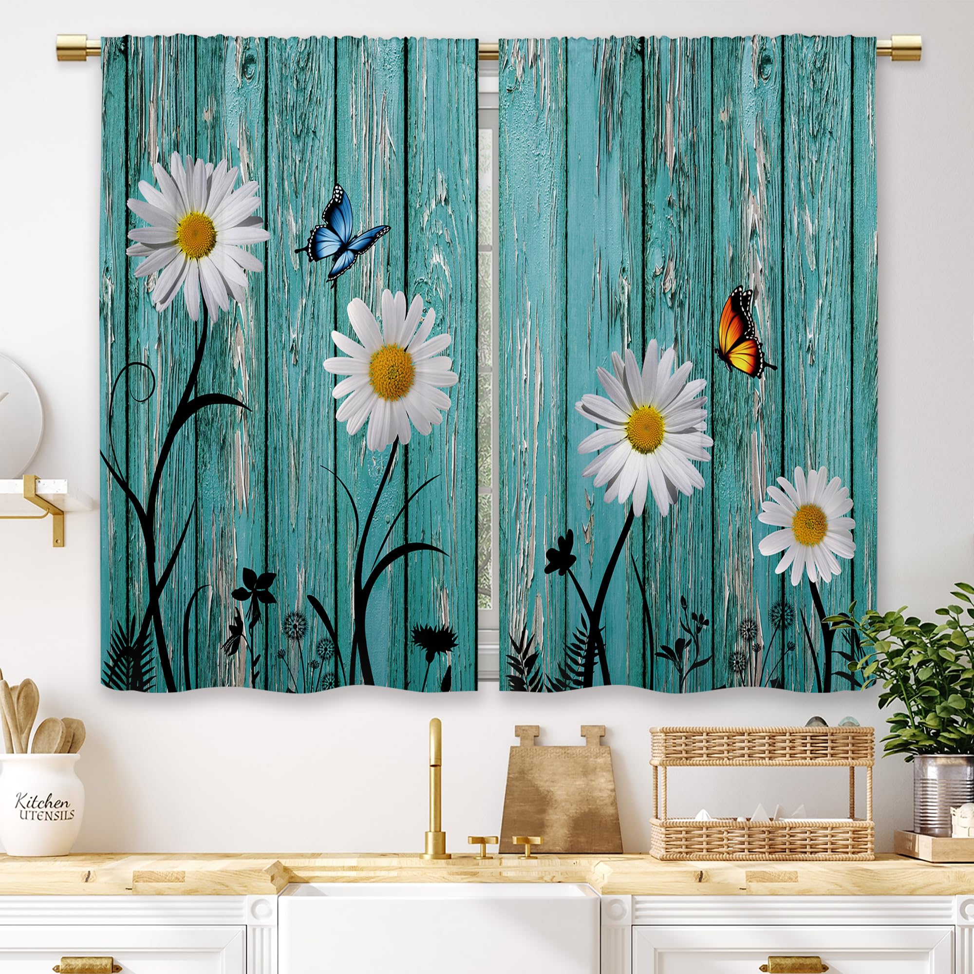 Laifzere Farmhouse Teal Daisy Kitchen Curtains Rustic Wooden Country Small Short Cafe Window Curtains Vintage Flower Floral Rod