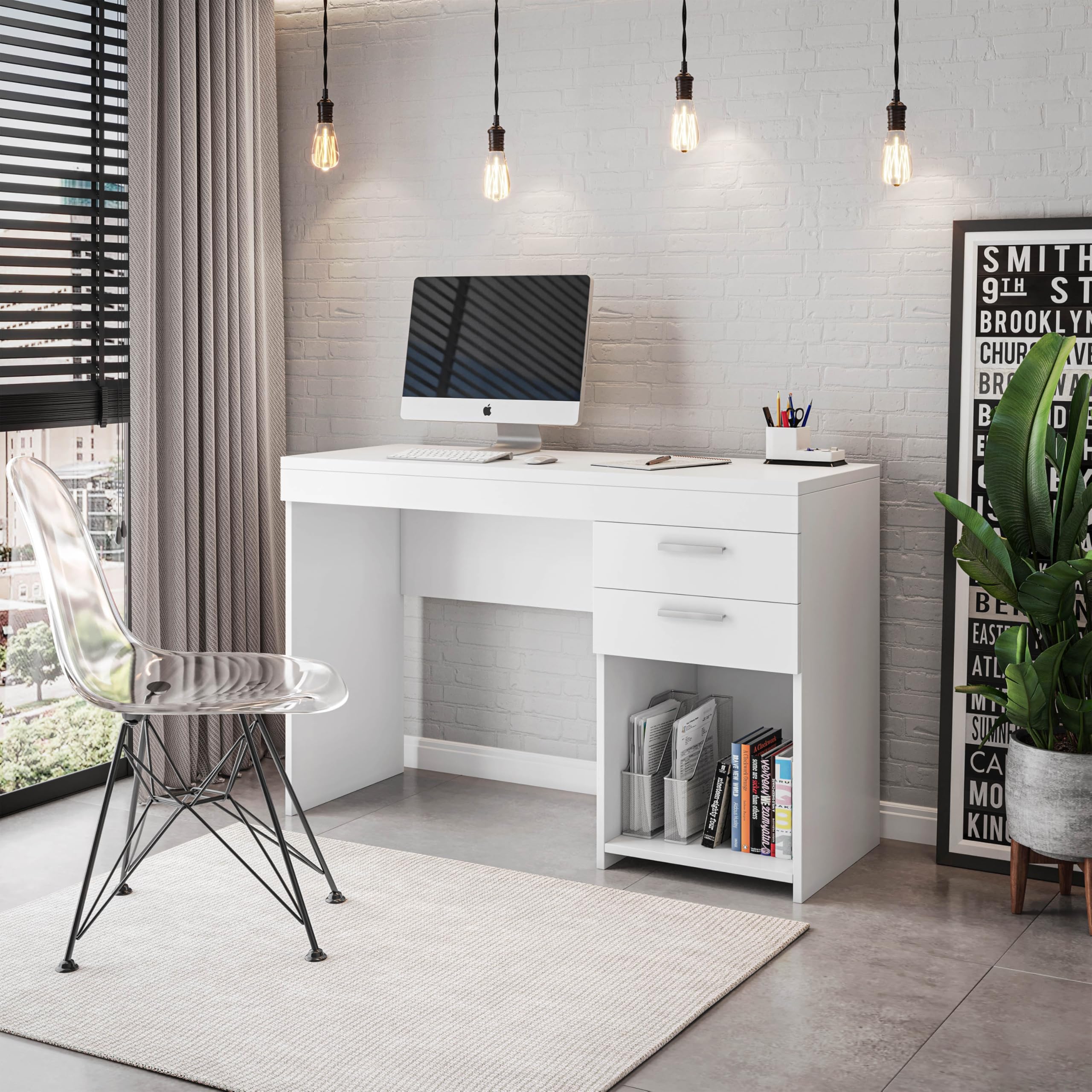 Techni Mobili Computer Home Office or Bedroom Storage & Drawers Ideal for Small Spaces Writing Desk, 47.6" W x 16.1" D x 30.3, White