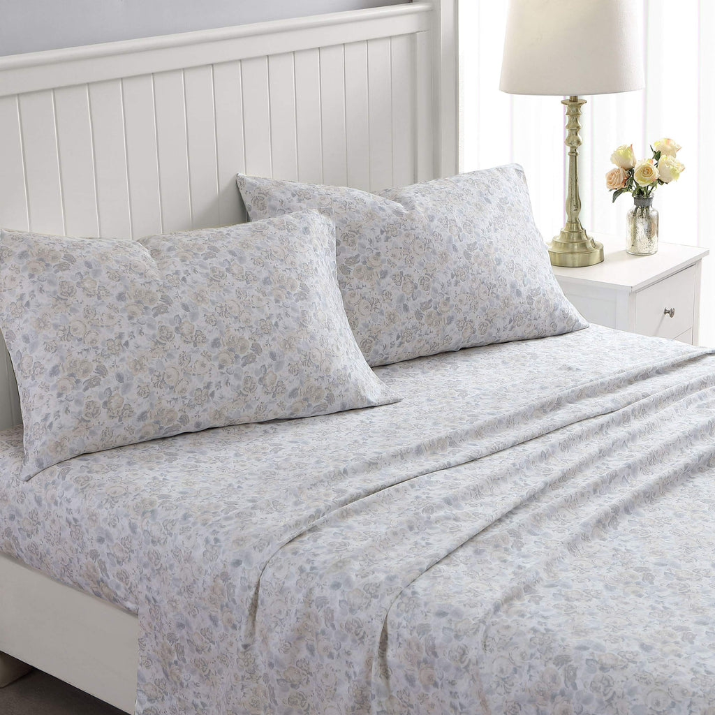 Laura Ashley Home - King Sheets, Soft Sateen Cotton Bedding Set - Sleek, Smooth, & Breathable Home Decor (Quartet Grey,4 Pcs, King)