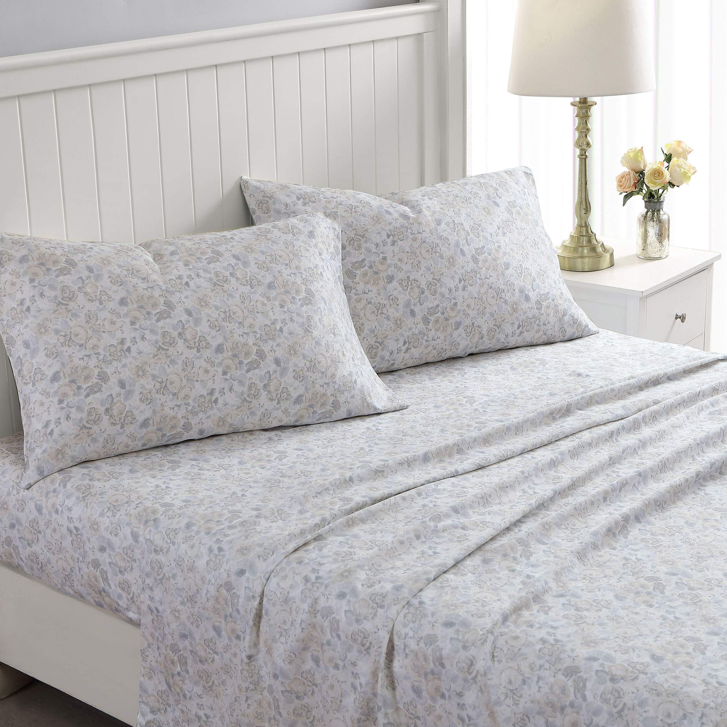 Laura Ashley Home - King Sheets, Soft Sateen Cotton Bedding Set - Sleek, Smooth, & Breathable Home Decor (Quartet Grey,4 Pcs, King)
